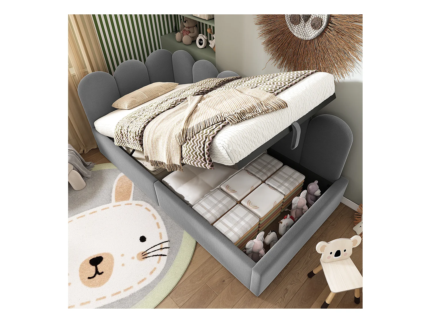 Sofá-cama estofado com armazenamento hidráulico - 90 x 200 cm - com base de ripas - veludo - cinza