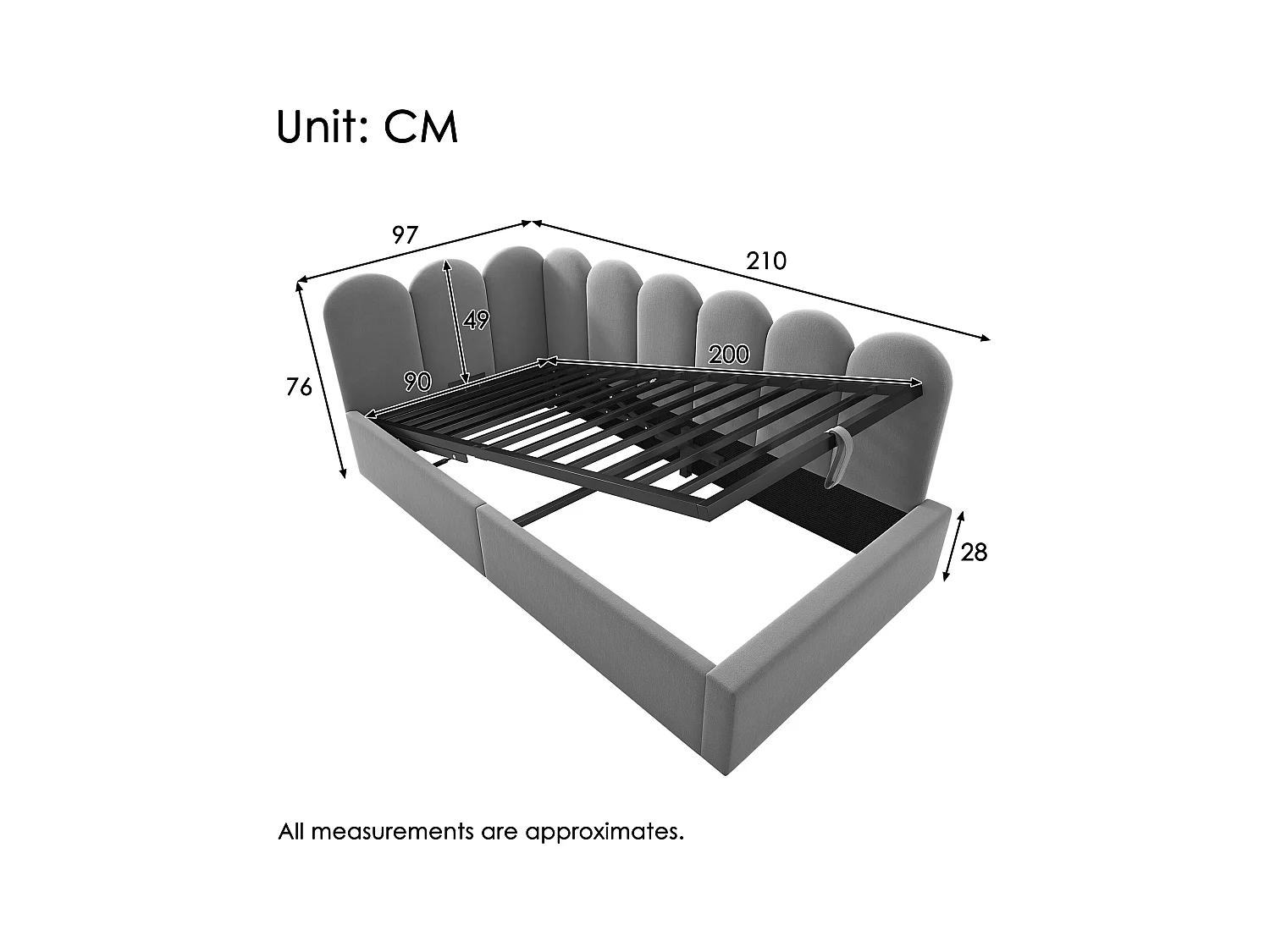 Sofá-cama estofado com armazenamento hidráulico - 90 x 200 cm - com base de ripas - veludo - cinza