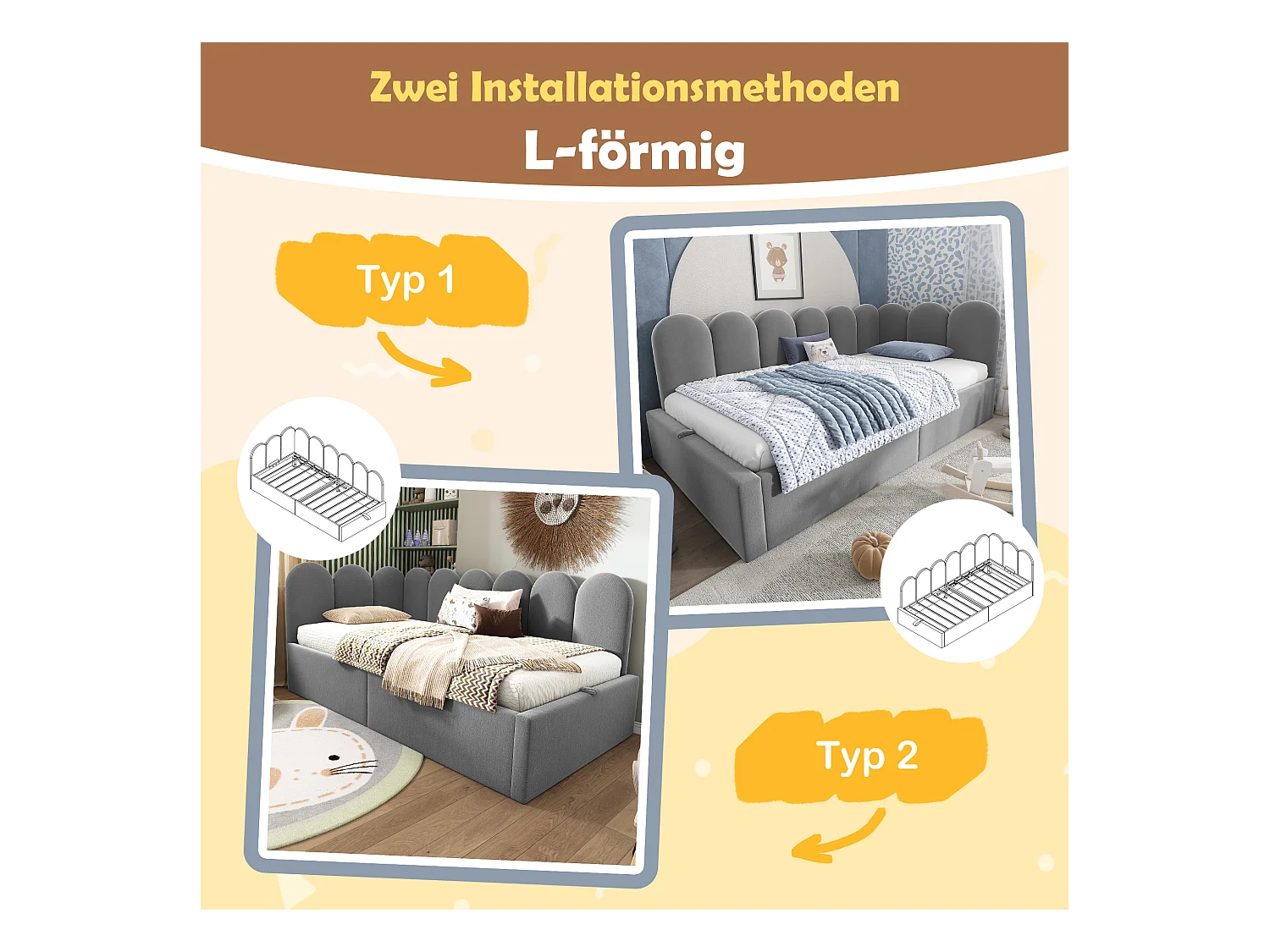 Sofá-cama estofado com armazenamento hidráulico - 90 x 200 cm - com base de ripas - veludo - cinza