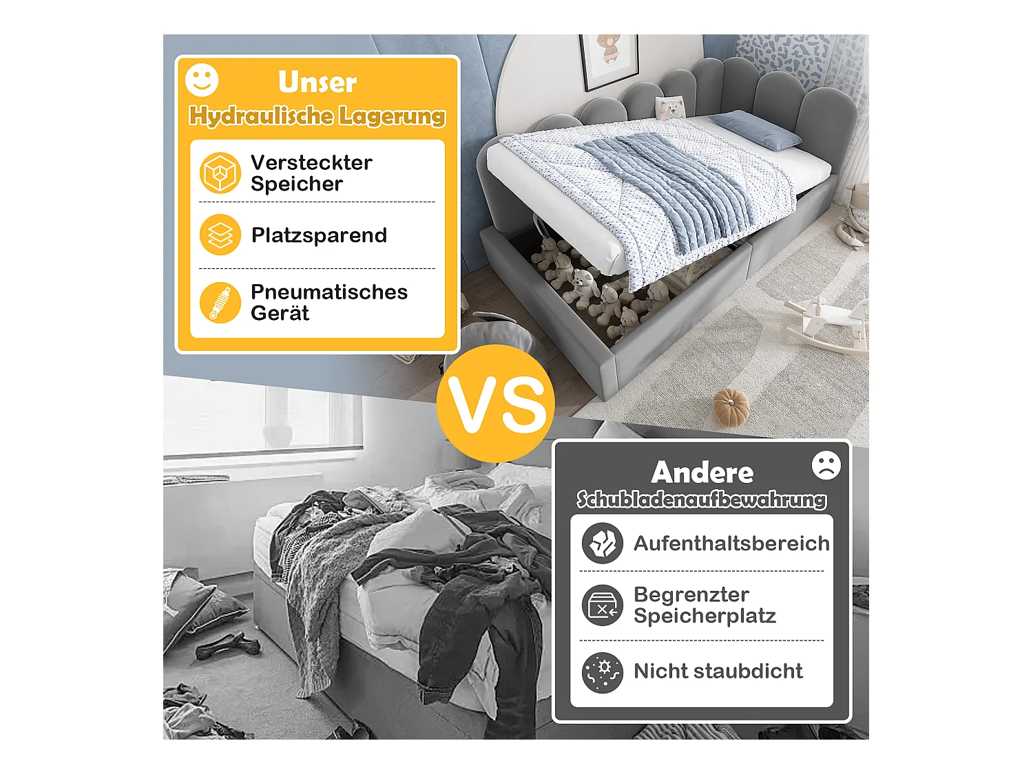 Sofá-cama estofado com armazenamento hidráulico - 90 x 200 cm - com base de ripas - veludo - cinza