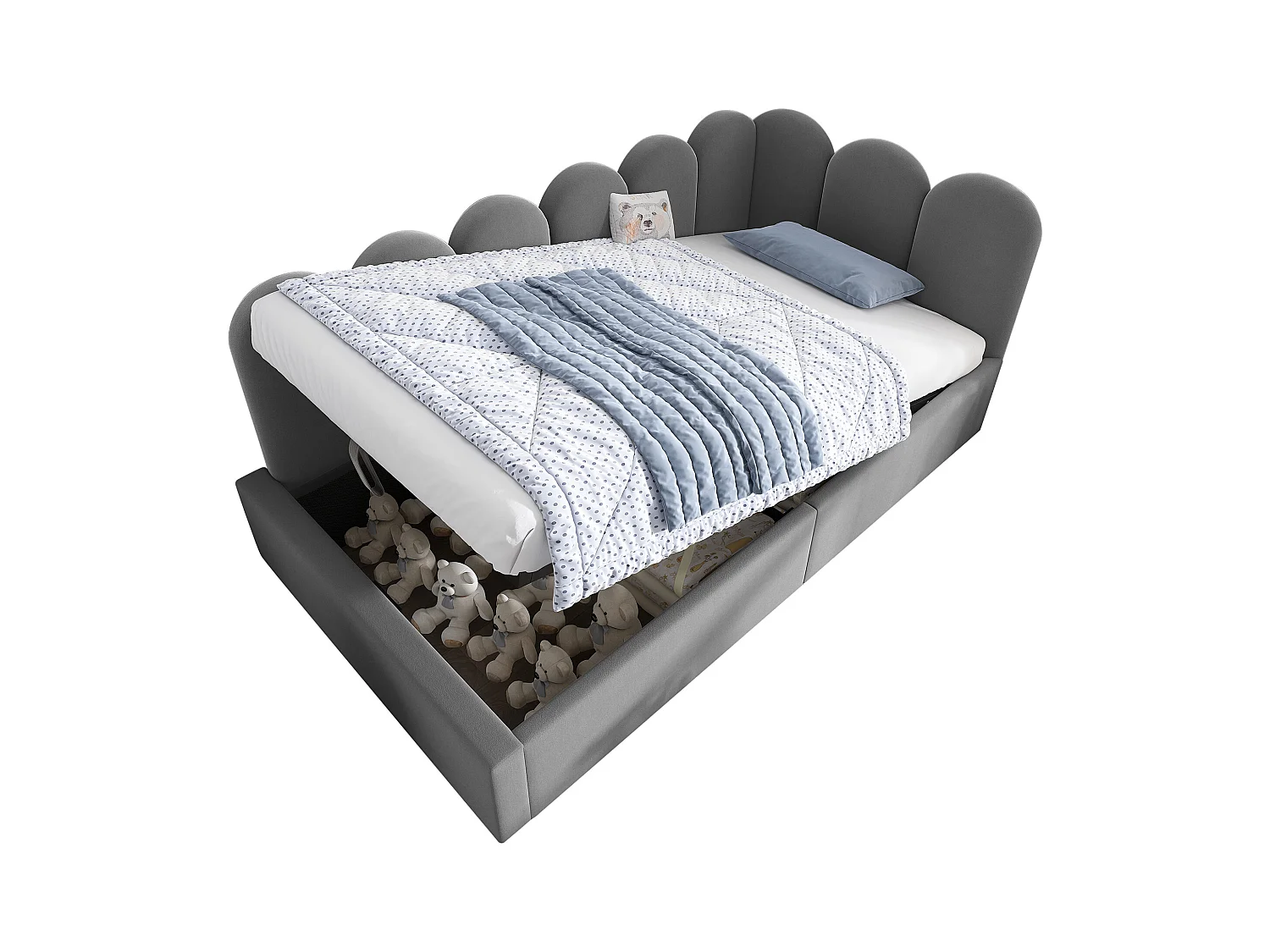 Sofá-cama estofado com armazenamento hidráulico - 90 x 200 cm - com base de ripas - veludo - cinza