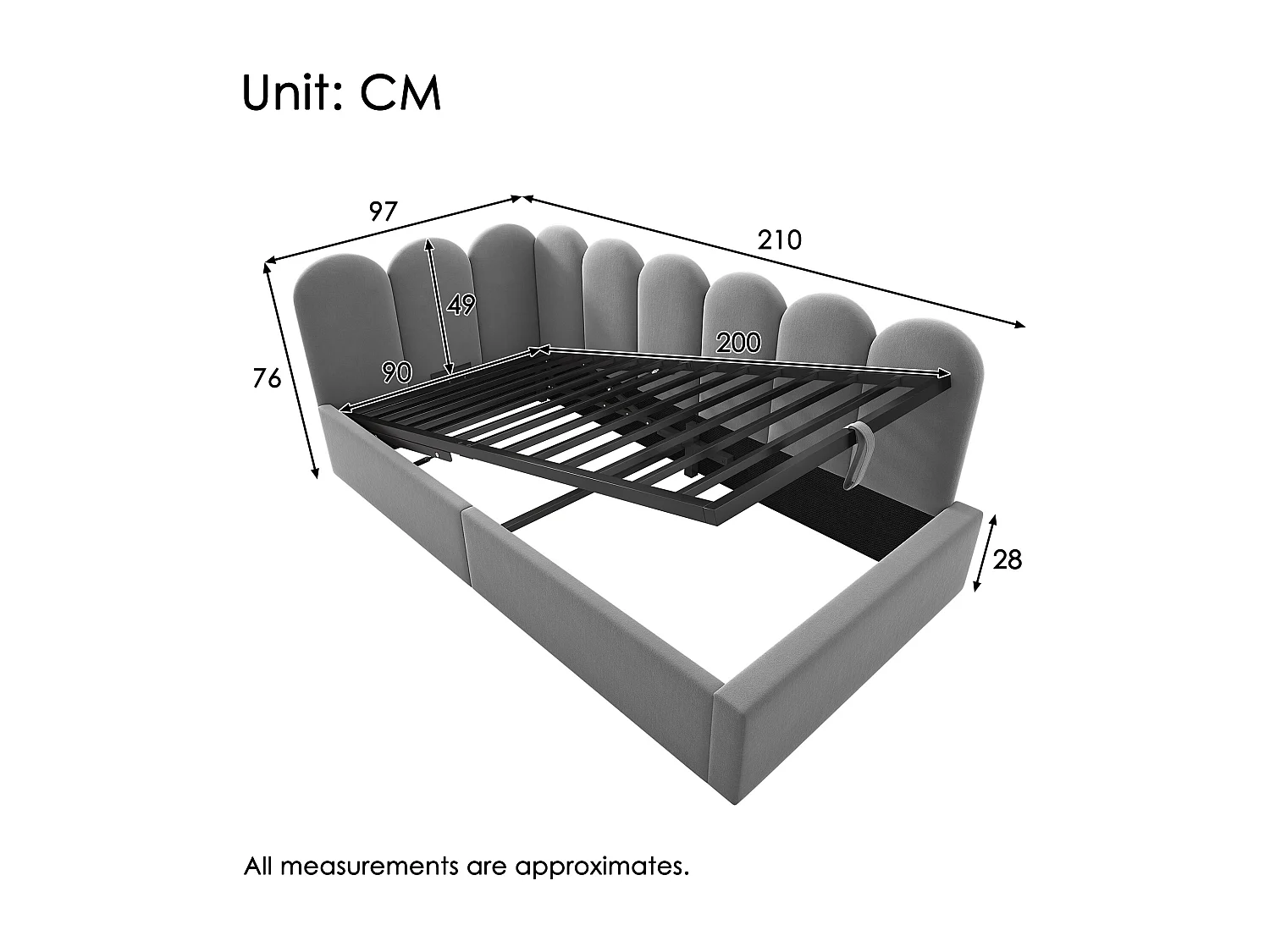 Gepolstertes Schlafsofa mit hydraulischem Stauraum – 90 x 200 cm – mit Lattenrost – Samt – Grau