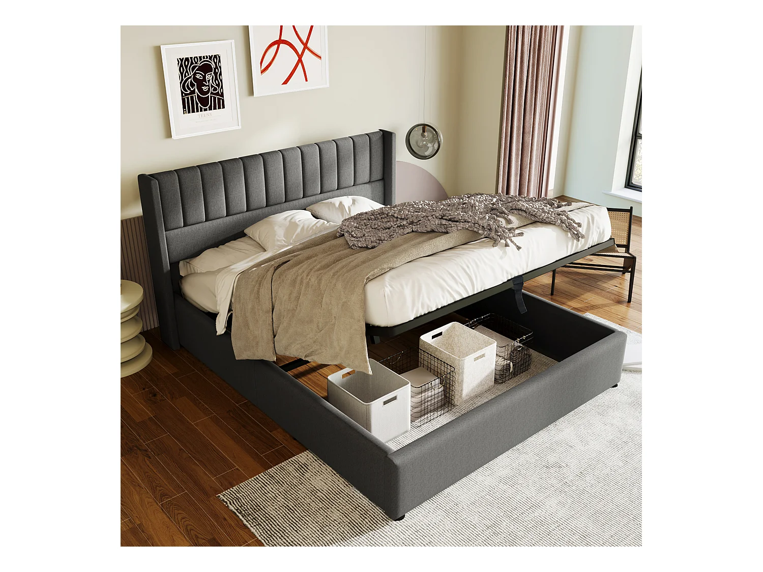 Lit coffre hydraulique 140x200 cm, gris, avec tête de lit rembourrée et espace de rangement pratique