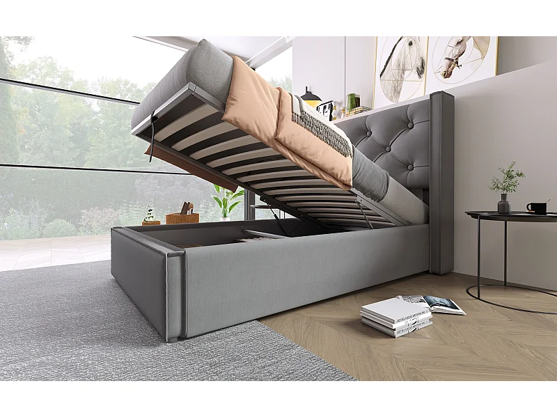 Lit simple hydraulique 90x200 cm, cadre en métal, avec sommier et rangement, coton gris, design moderne