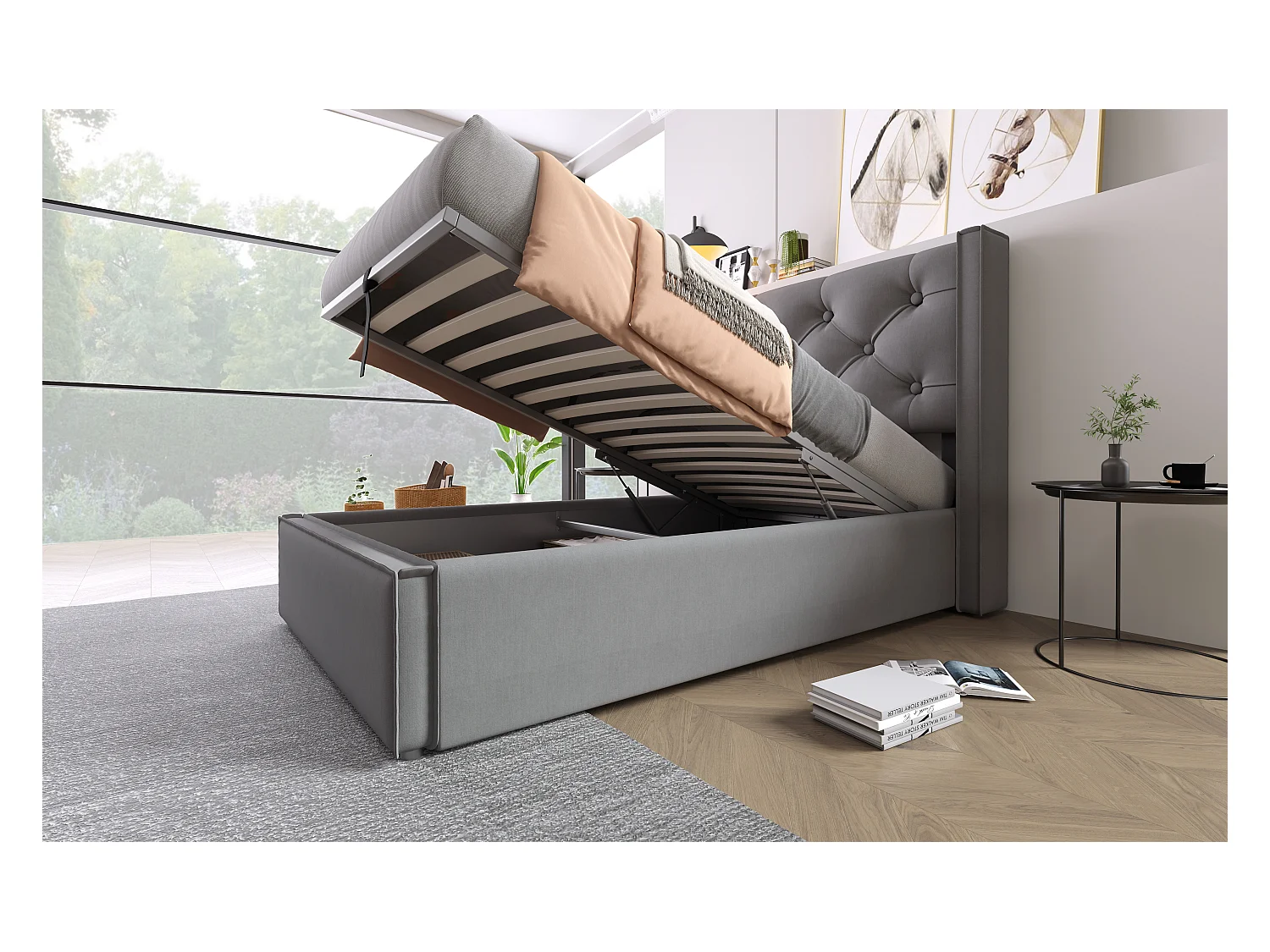 Lit simple hydraulique 90x200 cm, cadre en métal, avec sommier et rangement, coton gris, design moderne