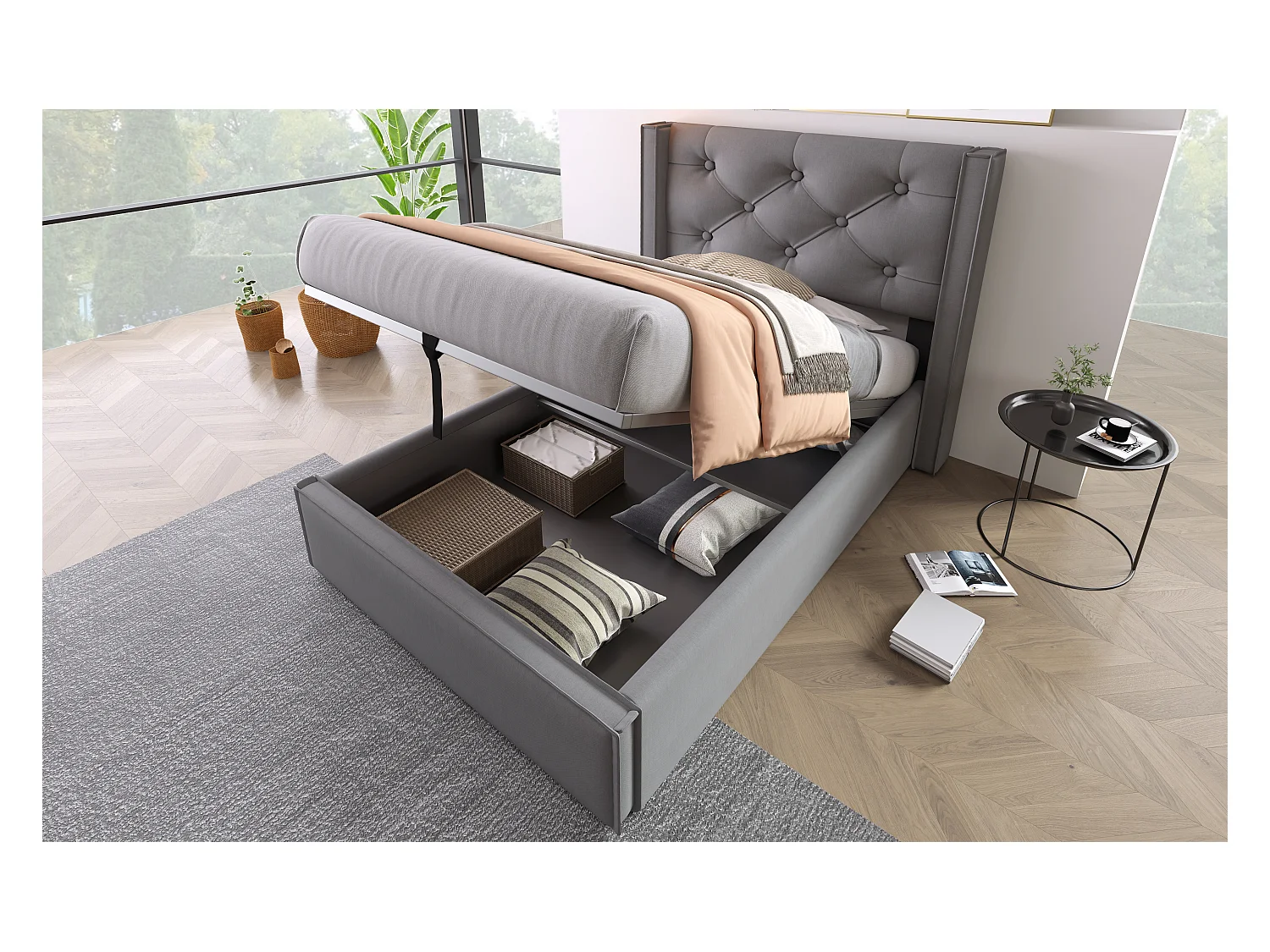 Lit simple hydraulique 90x200 cm, cadre en métal, avec sommier et rangement, coton gris, design moderne