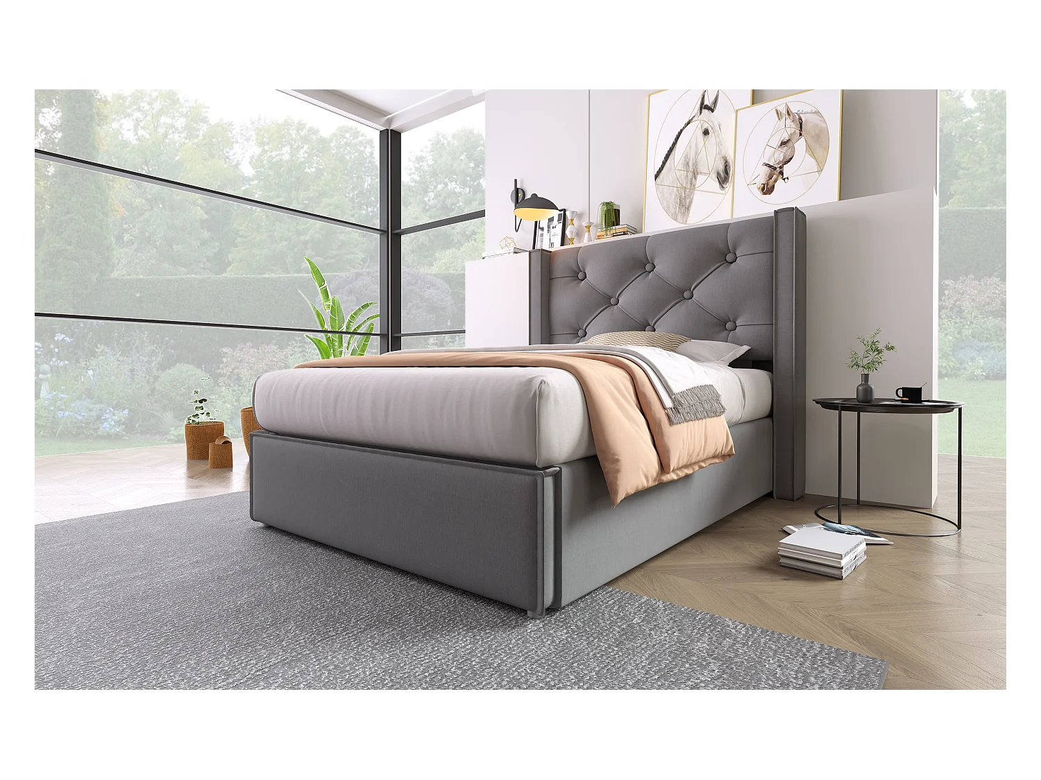 Lit simple hydraulique 90x200 cm, cadre en métal, avec sommier et rangement, coton gris, design moderne