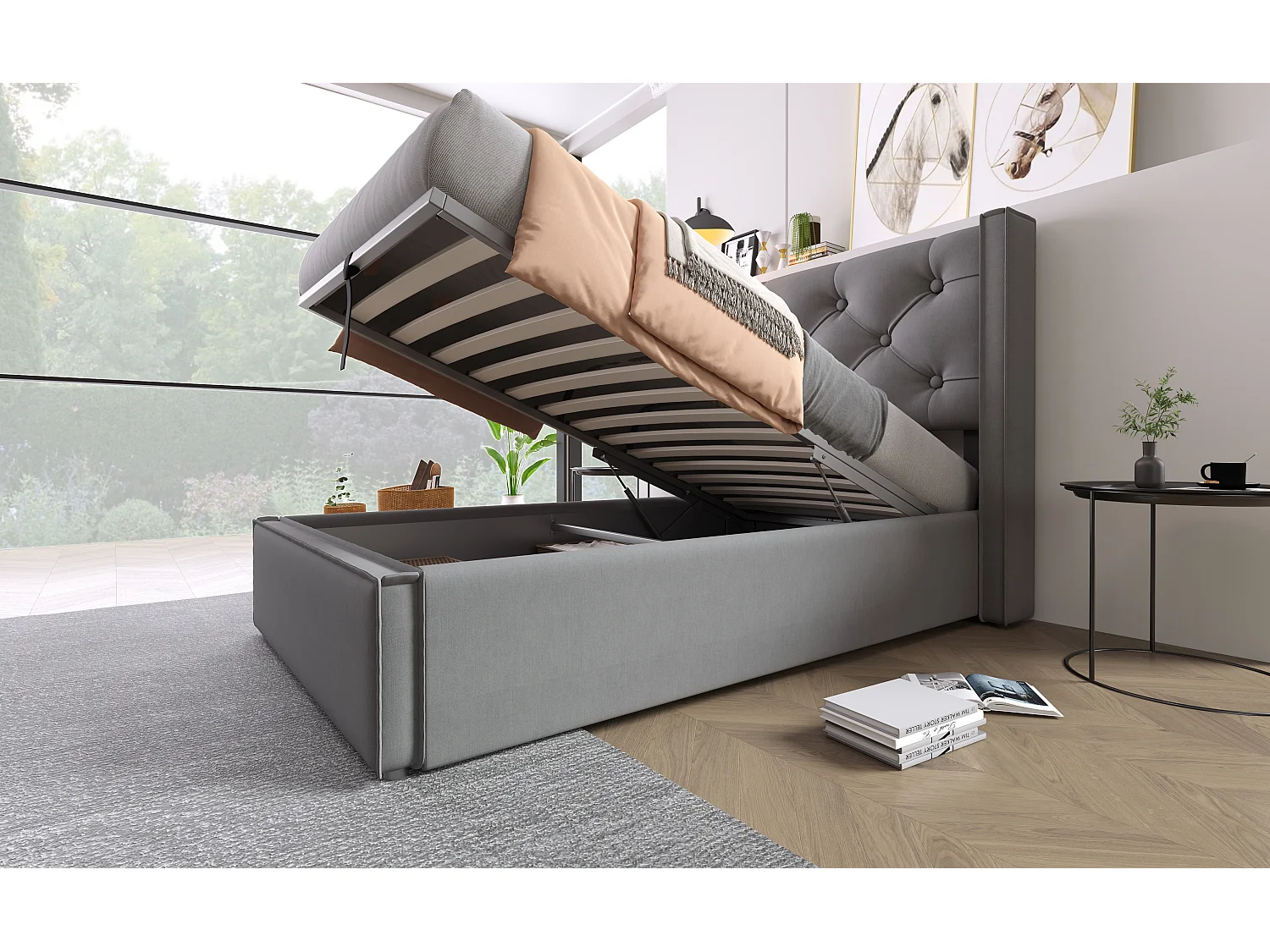 Lit simple hydraulique 90x200 cm, cadre en métal, avec sommier et rangement, coton gris, design moderne