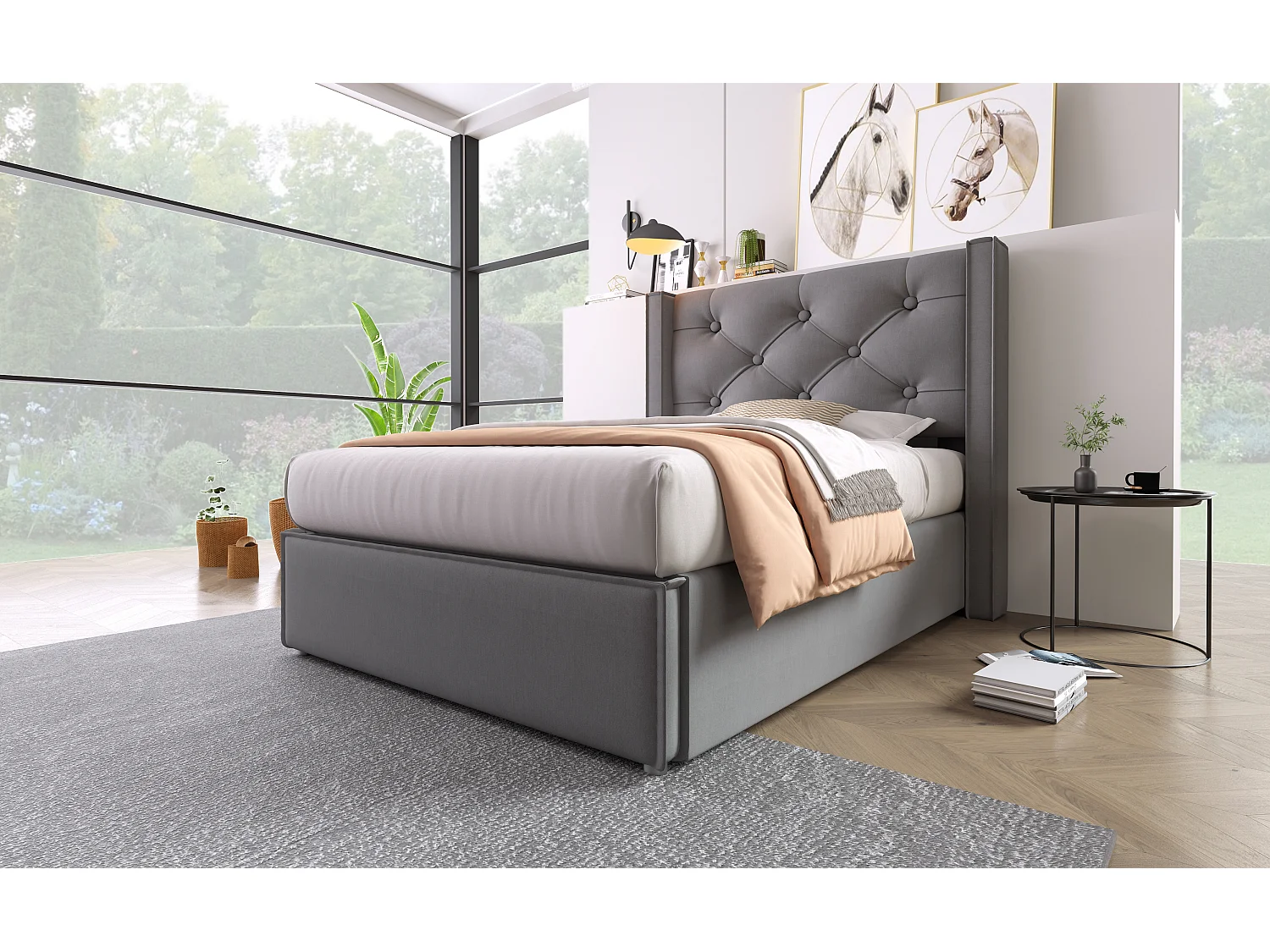 Lit simple hydraulique 90x200 cm, cadre en métal, avec sommier et rangement, coton gris, design moderne