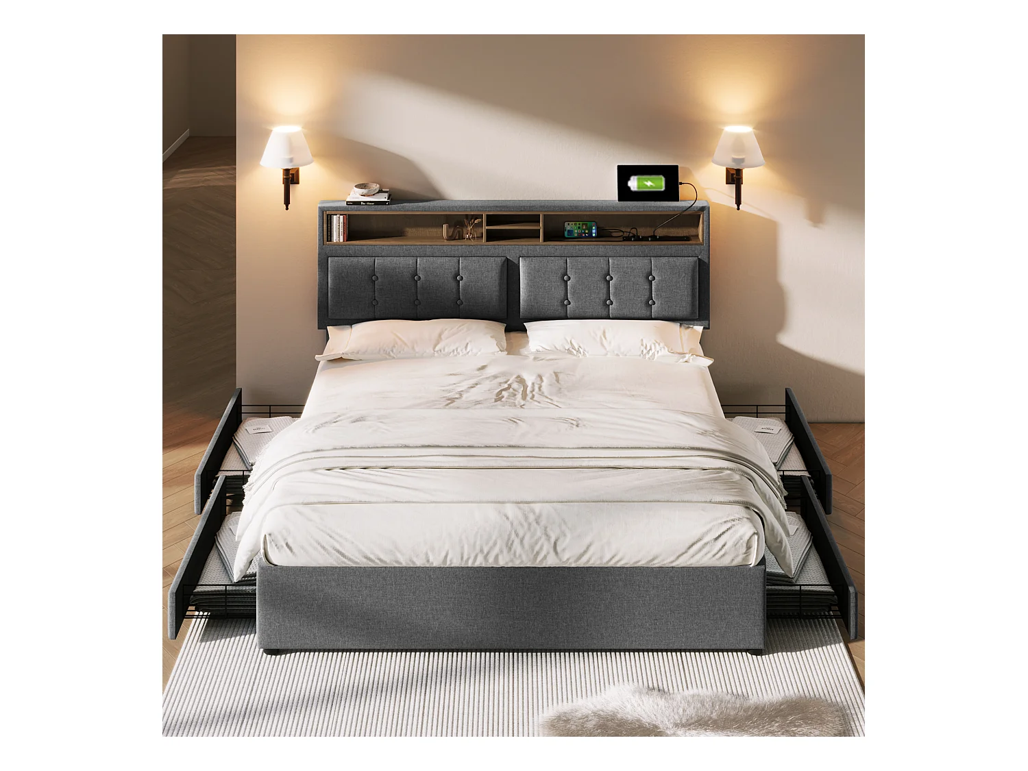 Lit double 160x200 cm avec 4 tiroirs et prise USB, tête de lit réglable en hauteur, en lin gris