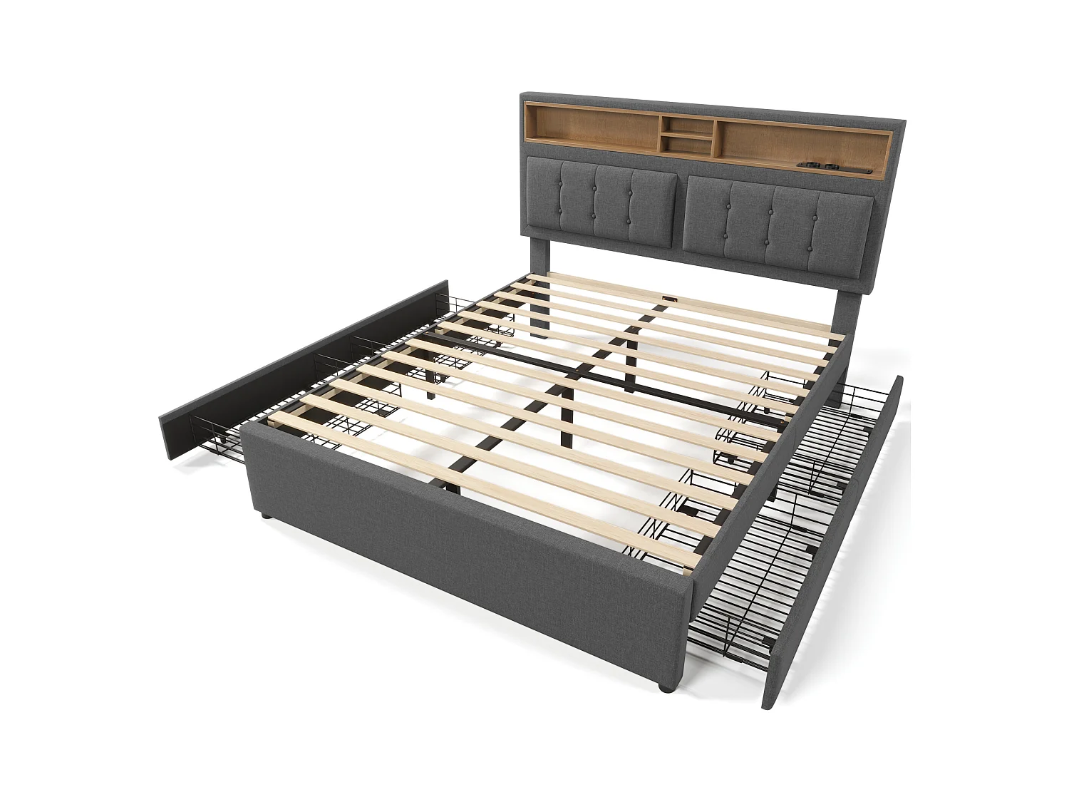 Lit double 160x200 cm avec 4 tiroirs et prise USB, tête de lit réglable en hauteur, en lin gris