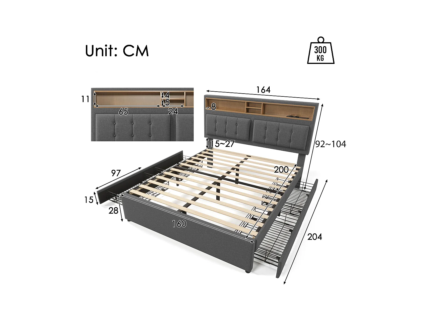 Lit double 160x200 cm avec 4 tiroirs et prise USB, tête de lit réglable en hauteur, en lin gris