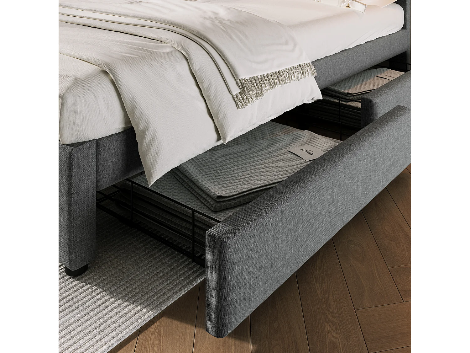 Lit double 160x200 cm avec 4 tiroirs et prise USB, tête de lit réglable en hauteur, en lin gris