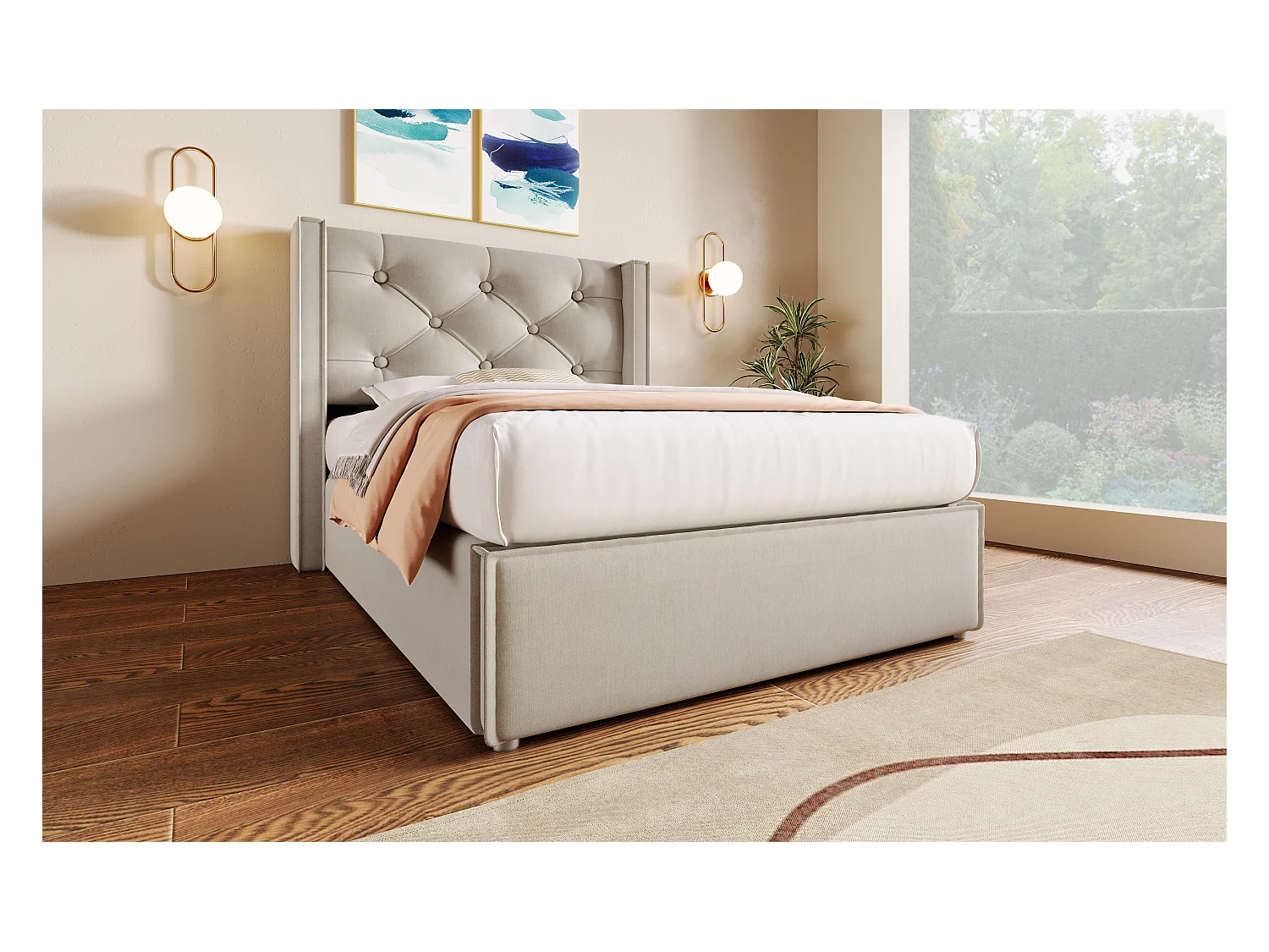 Lit simple hydraulique 90x200 cm, en coton gris clair, avec sommier à lattes et espace de rangement