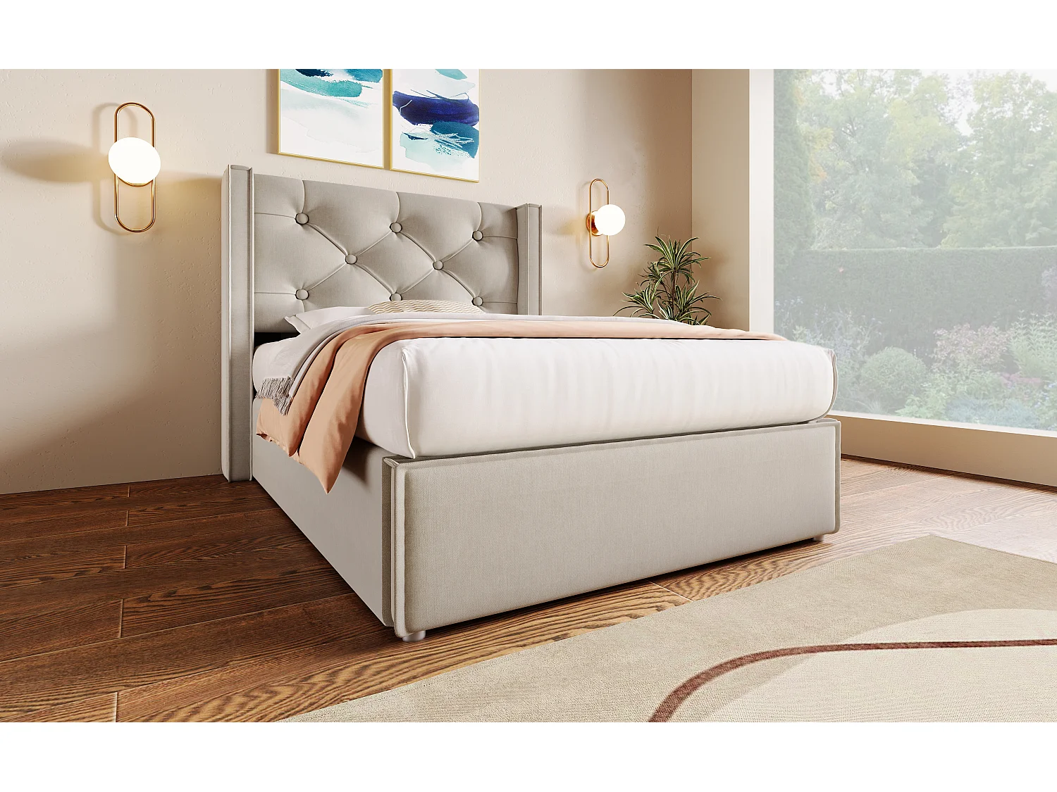 Lit simple hydraulique 90x200 cm, en coton gris clair, avec sommier à lattes et espace de rangement