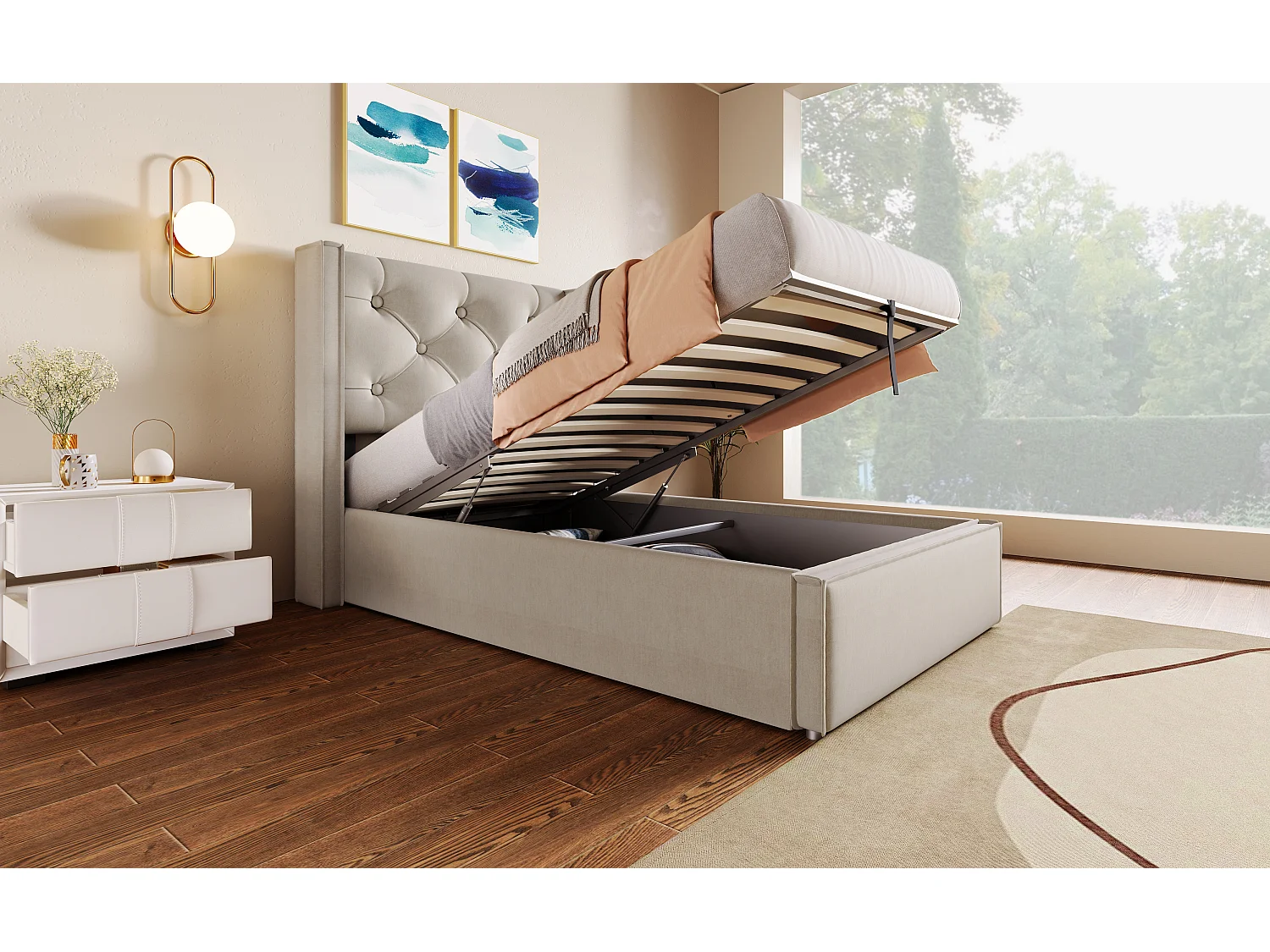 Lit simple hydraulique 90x200 cm, en coton gris clair, avec sommier à lattes et espace de rangement