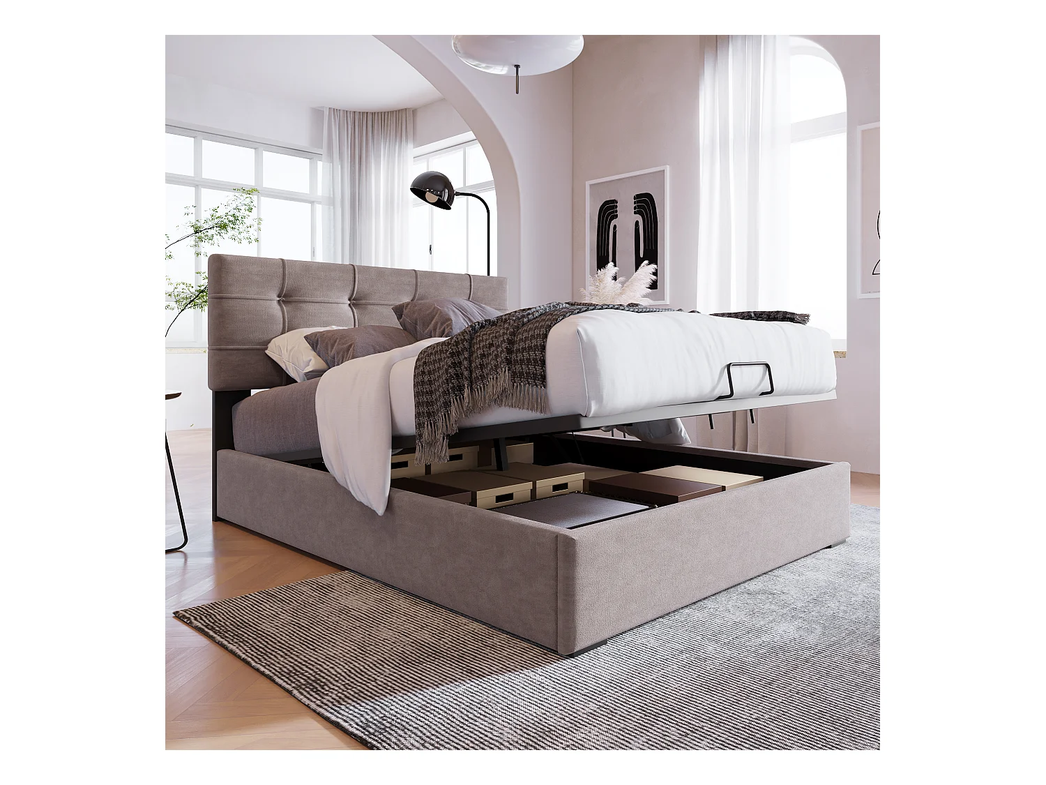 Lit simple hydraulique 90x200 cm, tête de lit réglable, cadre en métal avec sommier, velours gris clair