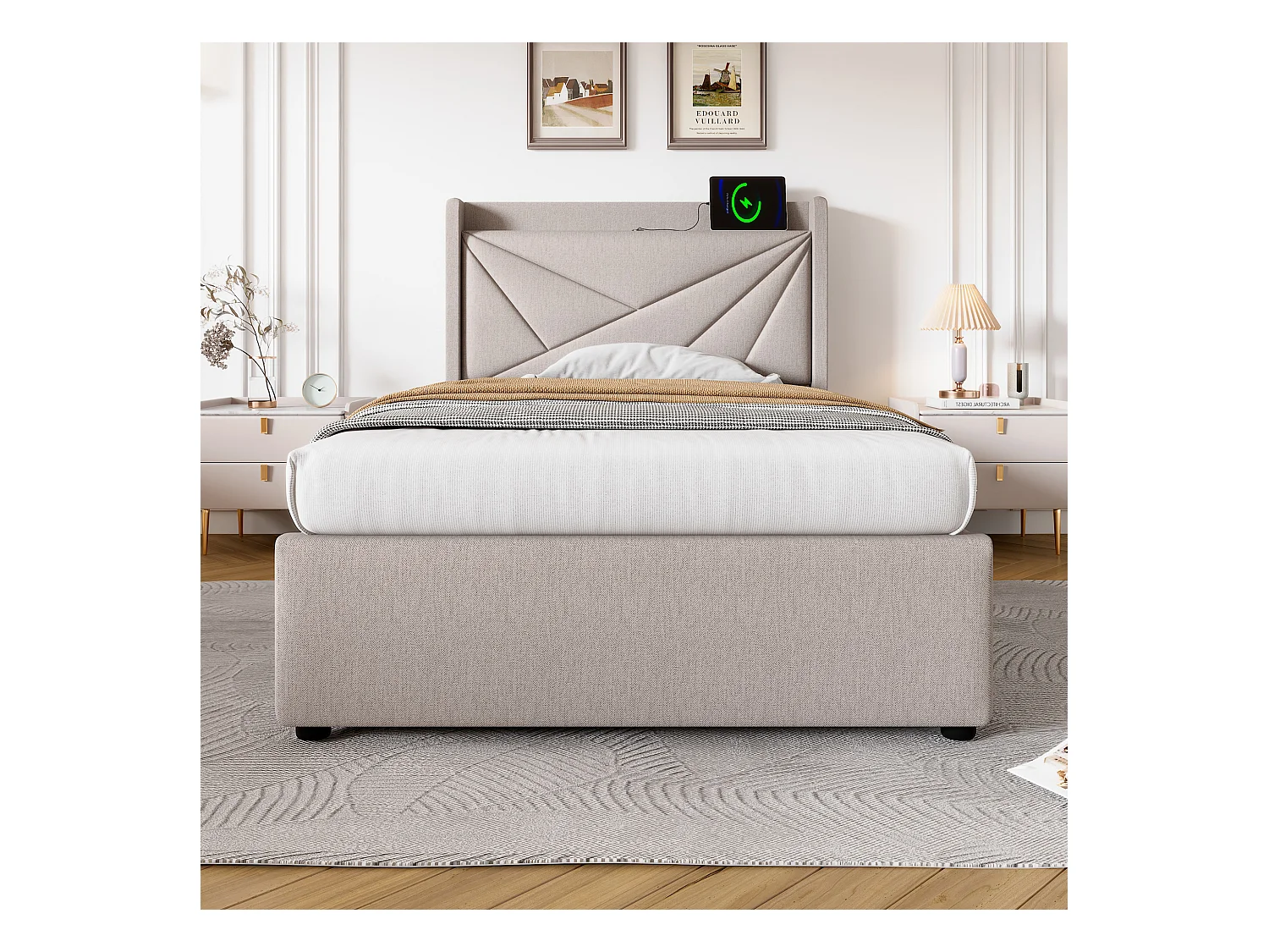 Lit simple avec rangement et fonction de chargement USB Type C, 90x200 cm, beige, tête de lit moderne