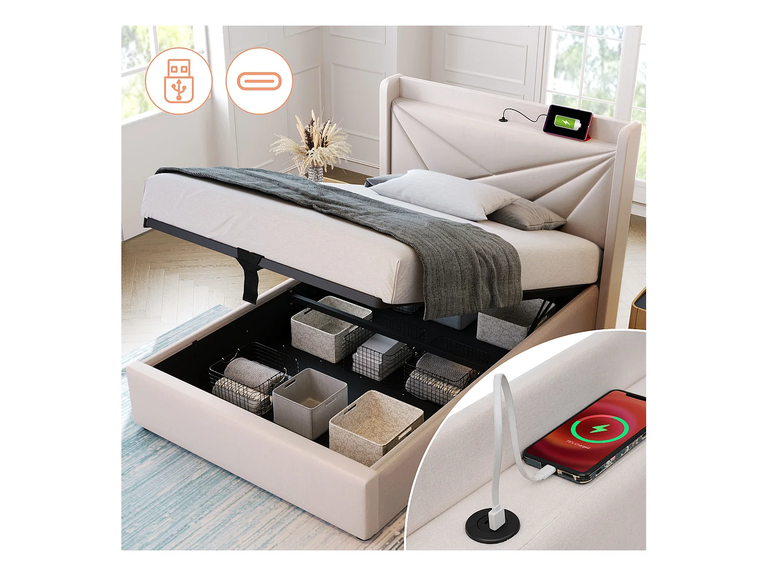 Lit simple avec rangement et fonction de chargement USB Type C, 90x200 cm, beige, tête de lit moderne