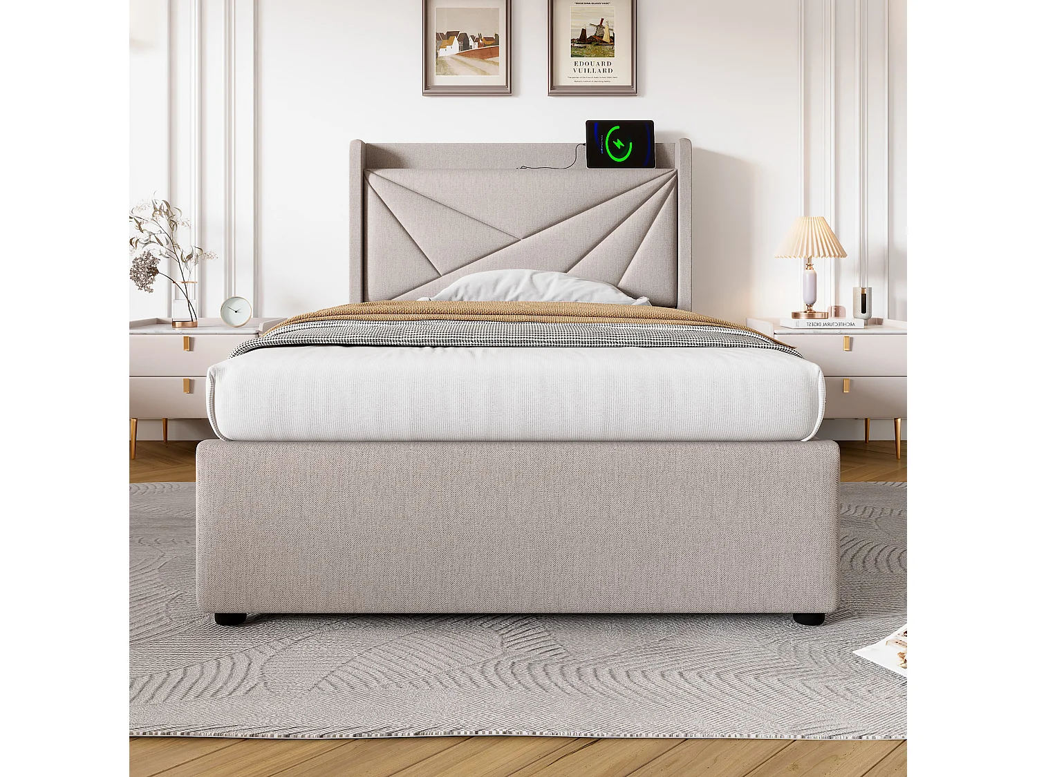 Lit simple avec rangement et fonction de chargement USB Type C, 90x200 cm, beige, tête de lit moderne