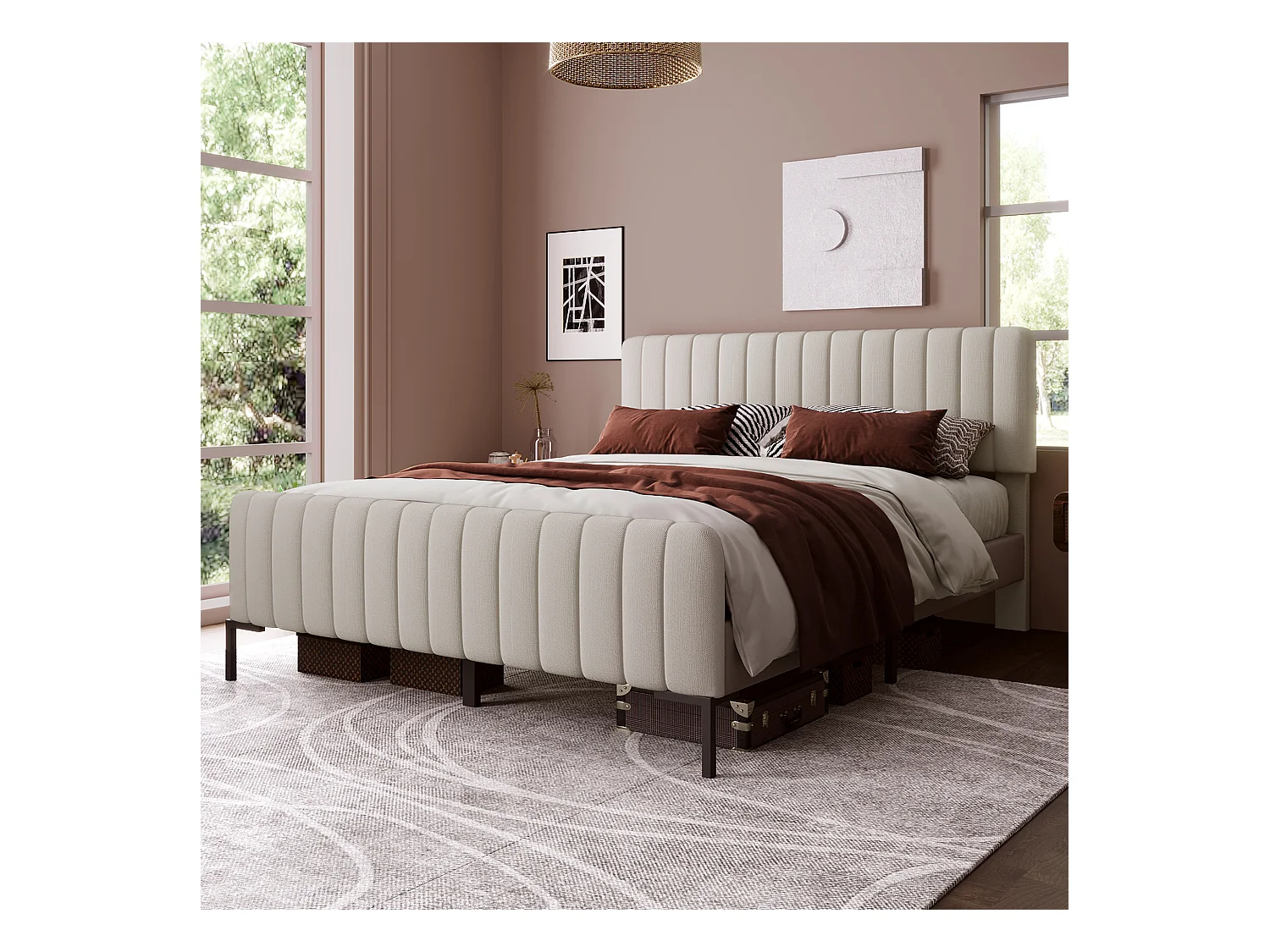 Lit double 180 x 200 cm avec tête de lit réglable, cadre en lin gris-beige et lattes en pin