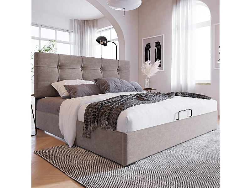 Lit double hydraulique 140x200 cm, tête de lit réglable, cadre en métal avec sommier, velours gris clair