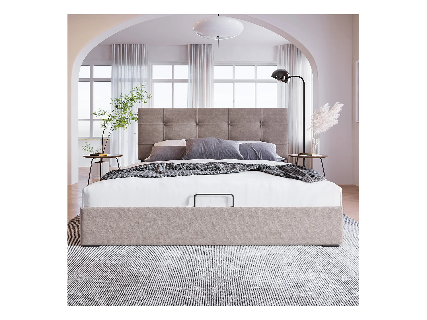 Lit double hydraulique 140x200 cm, tête de lit réglable, cadre en métal avec sommier, velours gris clair