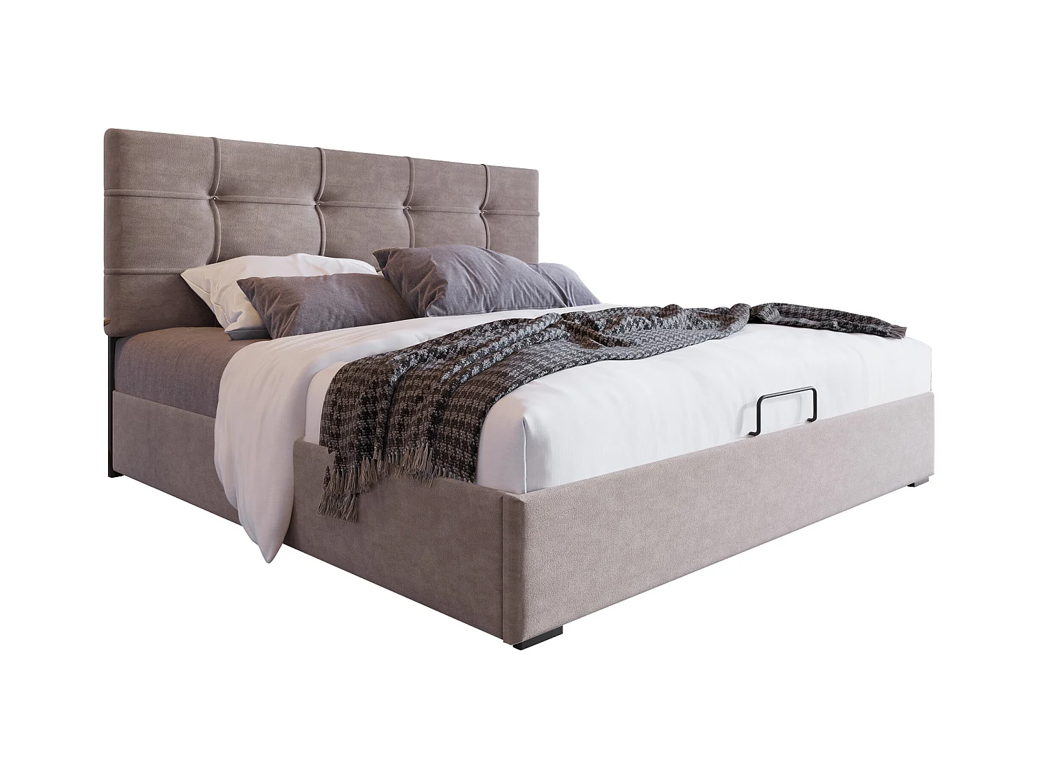 Lit double hydraulique 140x200 cm, tête de lit réglable, cadre en métal avec sommier, velours gris clair