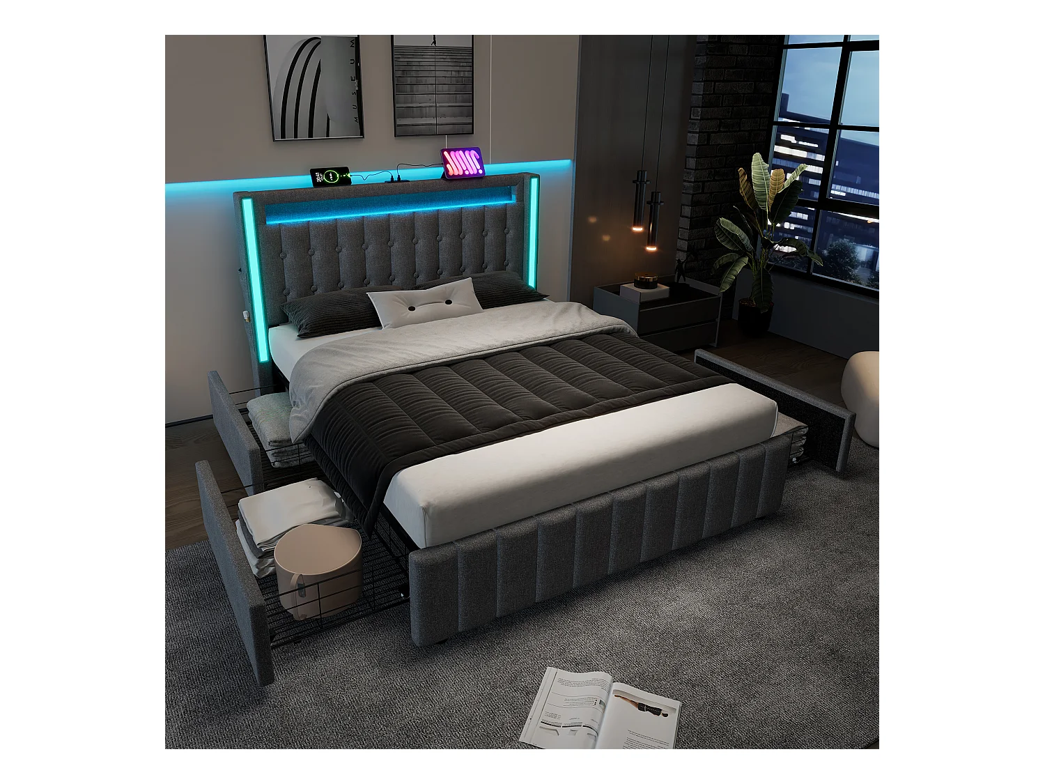 Lit avec fonction de chargement USB, éclairage LED et 4 tiroirs, 140x200 cm, gris, avec tête de lit intégrée