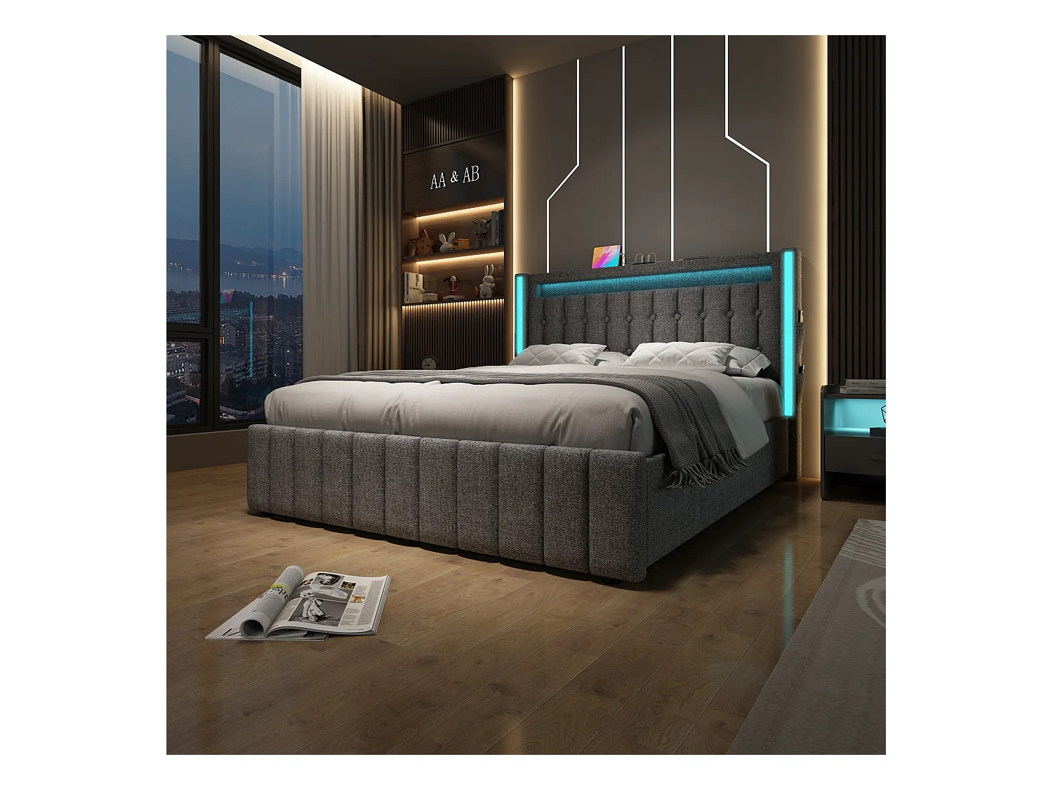 Lit avec fonction de chargement USB, éclairage LED et 4 tiroirs, 140x200 cm, gris, avec tête de lit intégrée