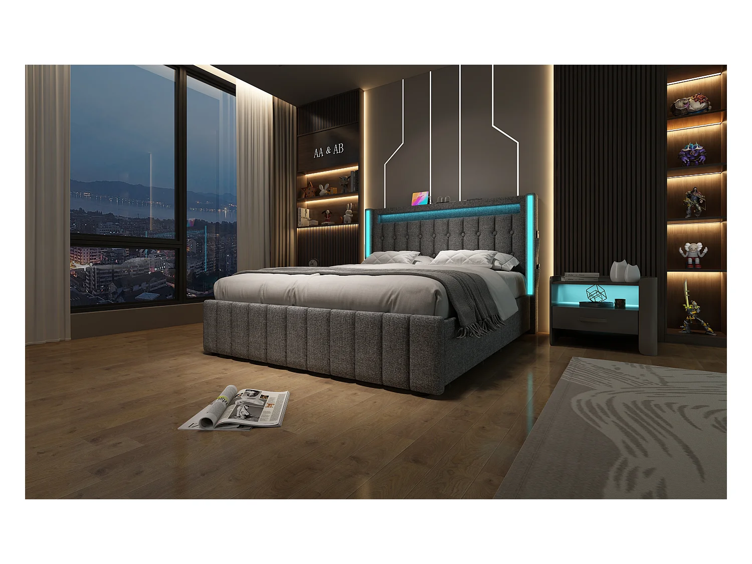 Lit avec fonction de chargement USB, éclairage LED et 4 tiroirs, 140x200 cm, gris, avec tête de lit intégrée