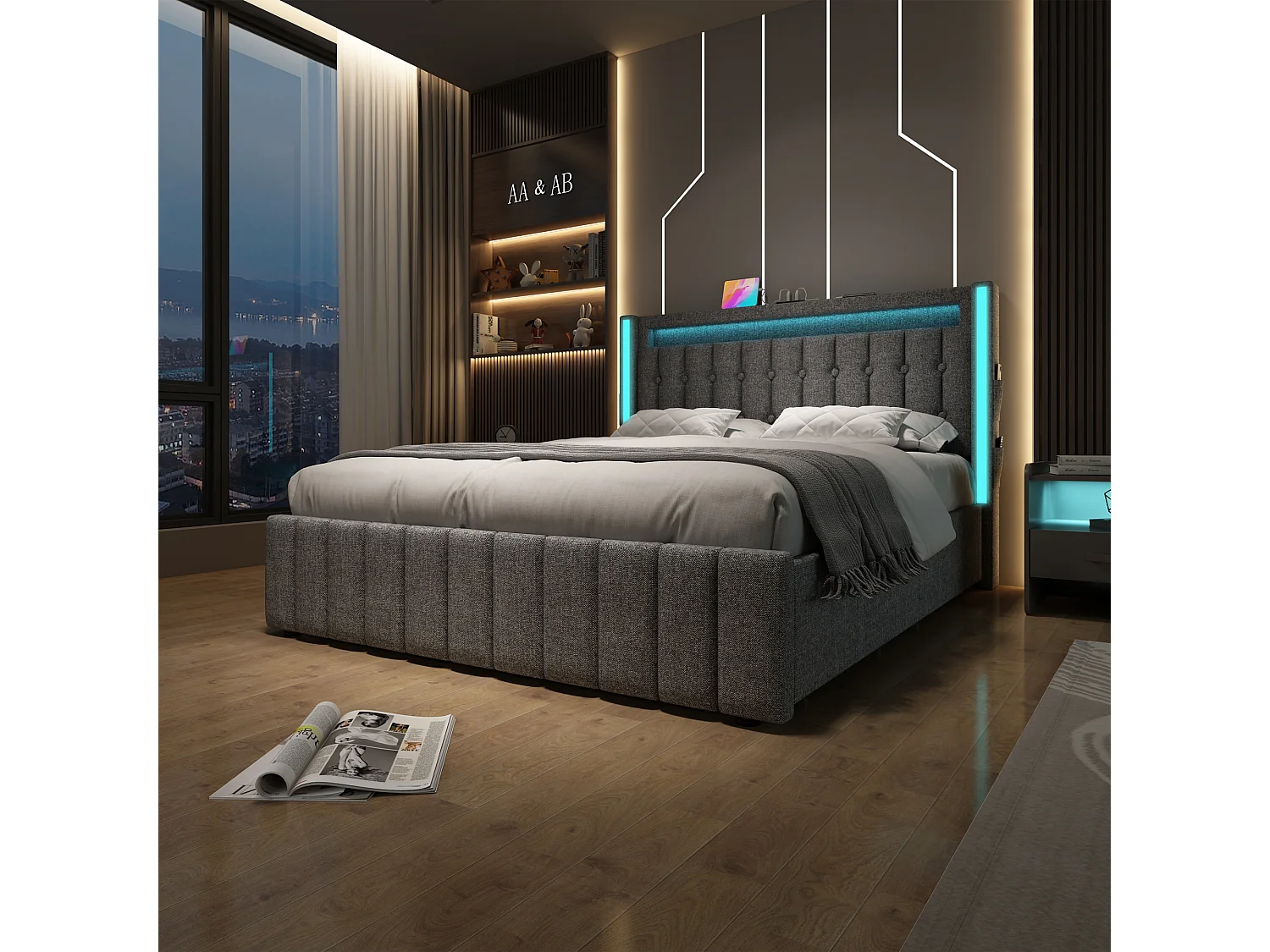 Lit avec fonction de chargement USB, éclairage LED et 4 tiroirs, 140x200 cm, gris, avec tête de lit intégrée