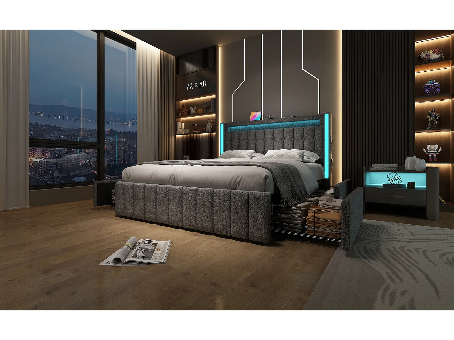 Lit avec fonction de chargement USB, éclairage LED et 4 tiroirs, 140x200 cm, gris, avec tête de lit intégrée