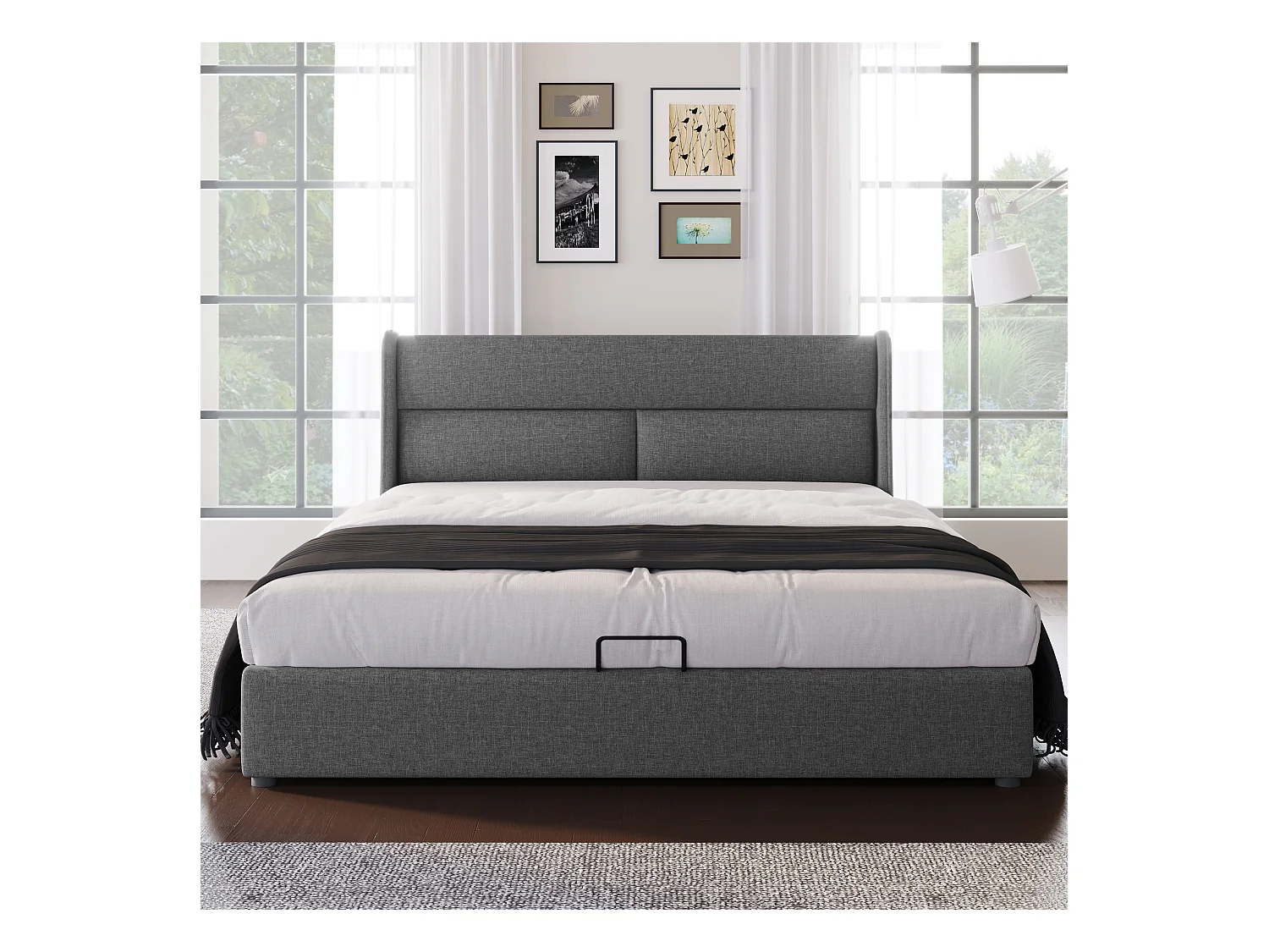 Lit double 180x200 cm avec têtière réglable, lit de rangement en lin gris, cadre de lit moderne