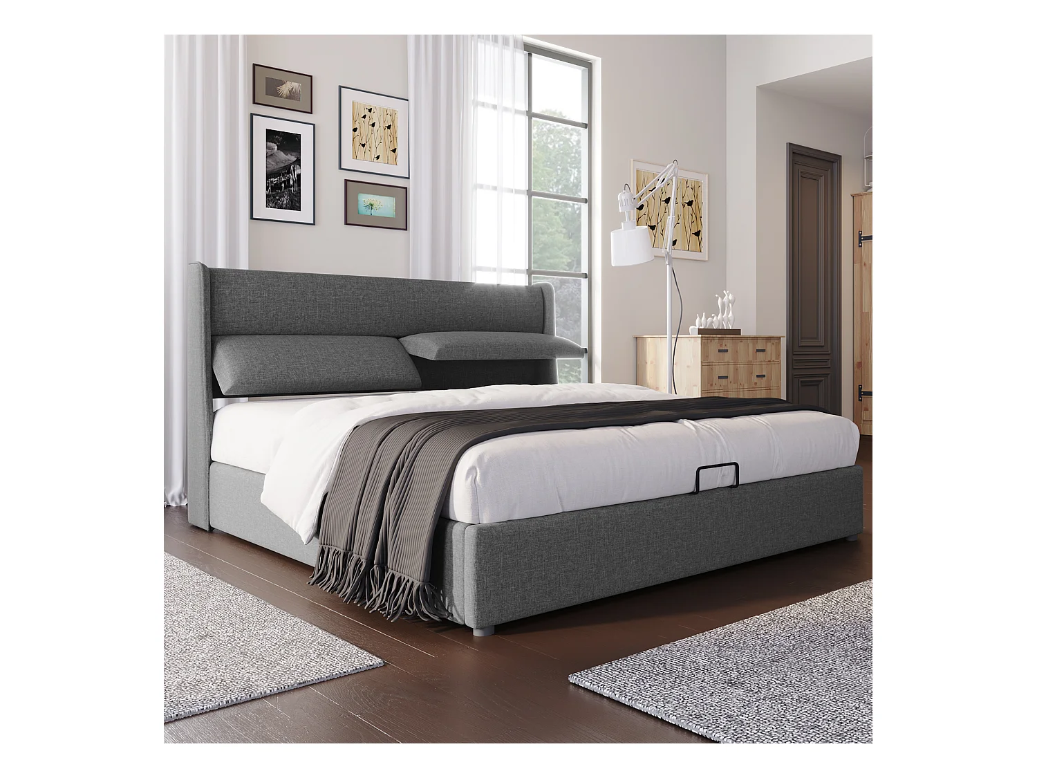 Lit double 180x200 cm avec têtière réglable, lit de rangement en lin gris, cadre de lit moderne