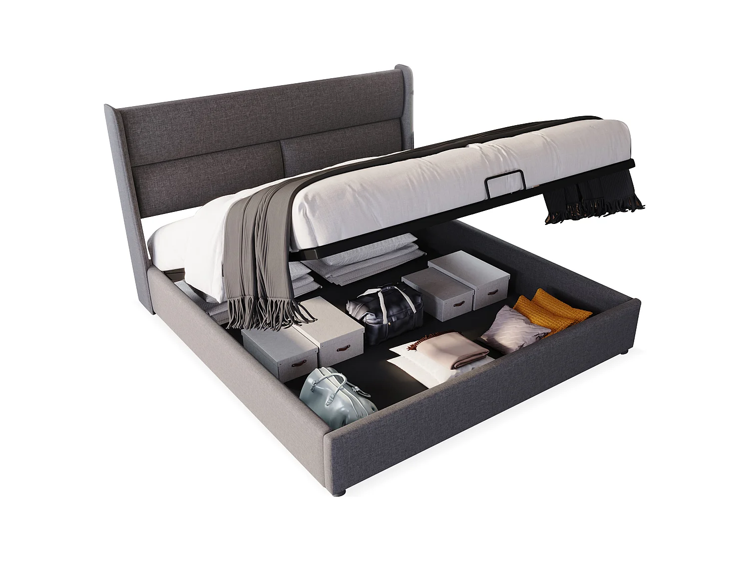 Lit double 180x200 cm avec têtière réglable, lit de rangement en lin gris, cadre de lit moderne