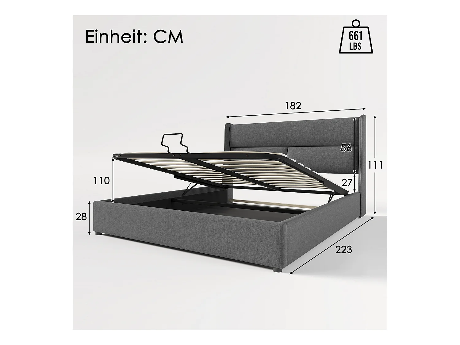 Lit double 180x200 cm avec têtière réglable, lit de rangement en lin gris, cadre de lit moderne