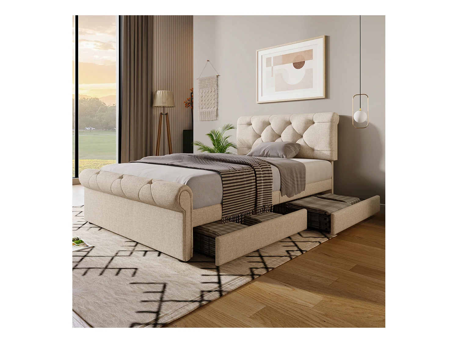 Lit simple en tissu 90x200 cm avec 2 tiroirs et tête de lit réglable, style Chesterfield, naturel