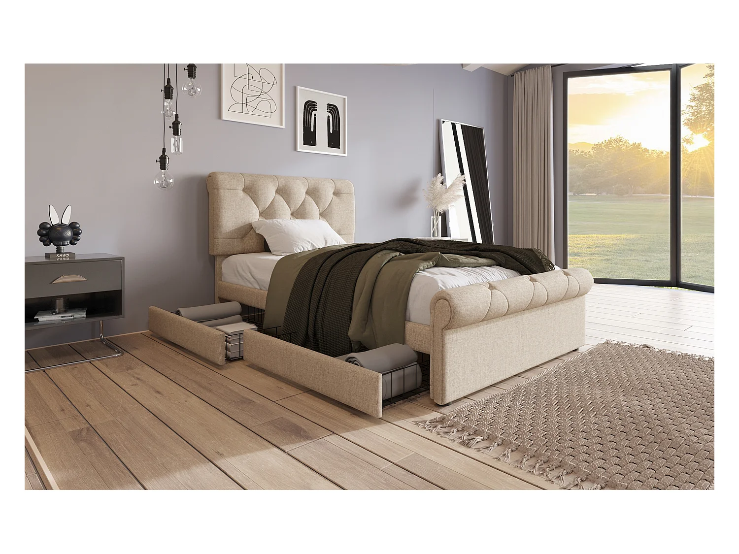 Lit simple en tissu 90x200 cm avec 2 tiroirs et tête de lit réglable, style Chesterfield, naturel