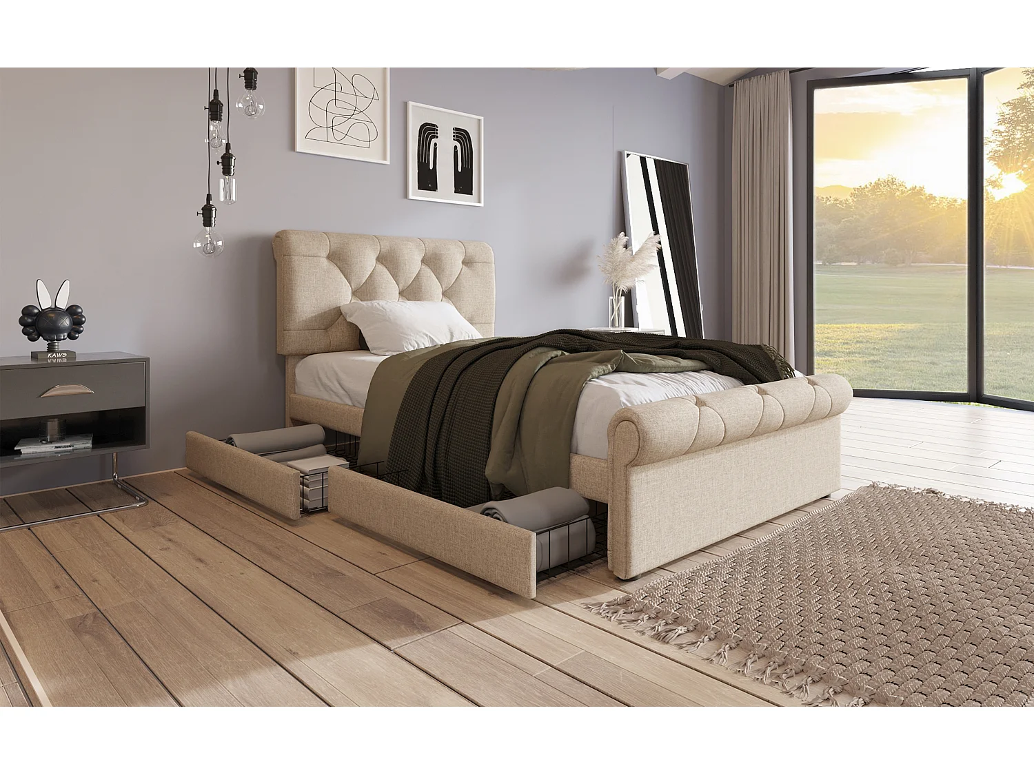 Lit simple en tissu 90x200 cm avec 2 tiroirs et tête de lit réglable, style Chesterfield, naturel