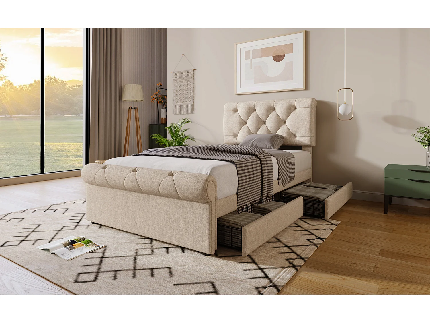 Lit simple en tissu 90x200 cm avec 2 tiroirs et tête de lit réglable, style Chesterfield, naturel