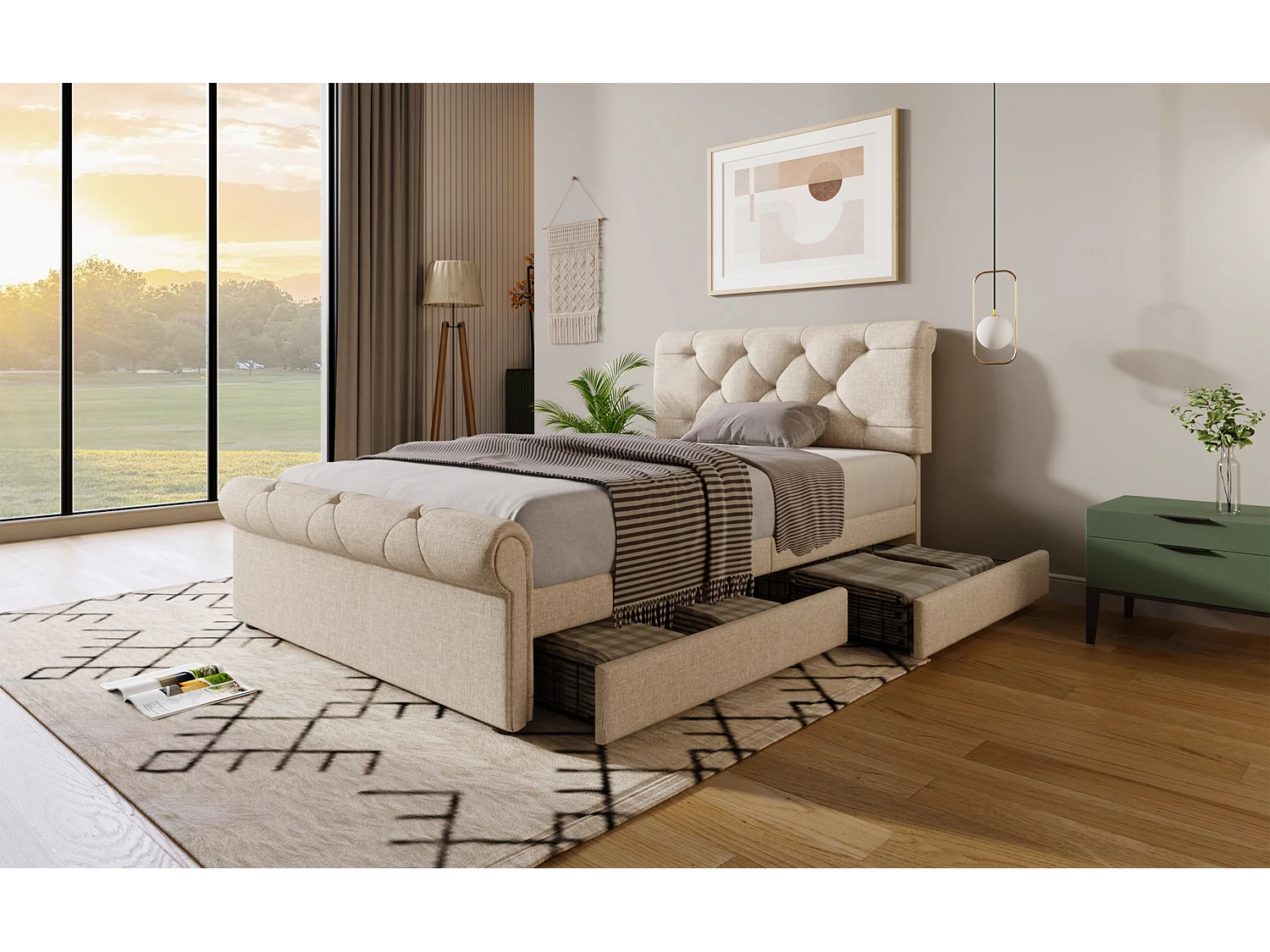 Lit simple en tissu 90x200 cm avec 2 tiroirs et tête de lit réglable, style Chesterfield, naturel