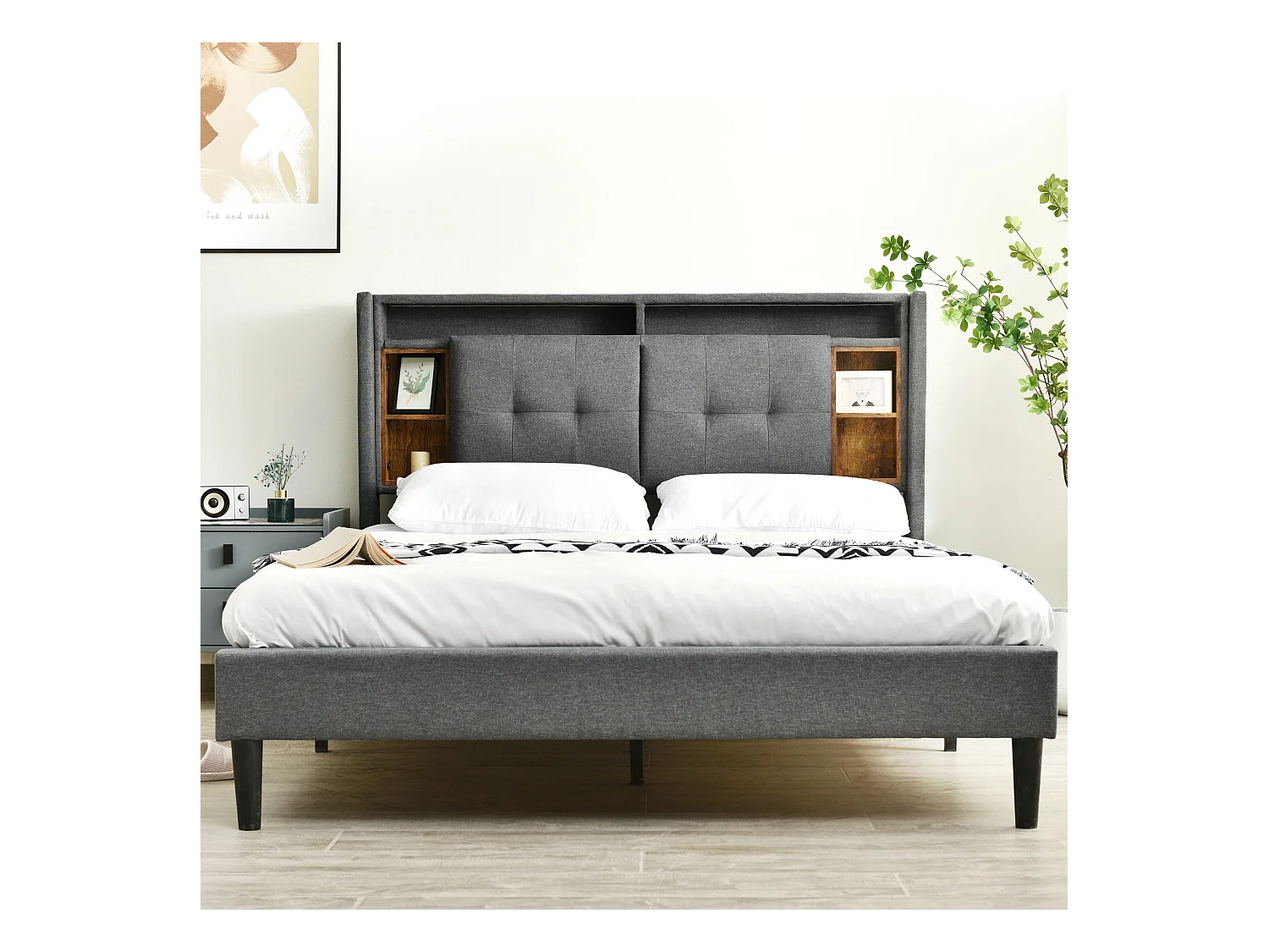 Lit double avec tête de lit de rangement, USB et éclairage LED, 160x200 cm, gris, en bois massif