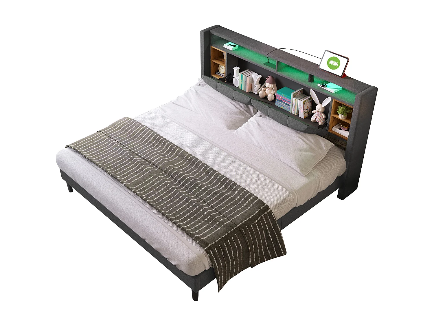 Lit double avec tête de lit de rangement, USB et éclairage LED, 160x200 cm, gris, en bois massif