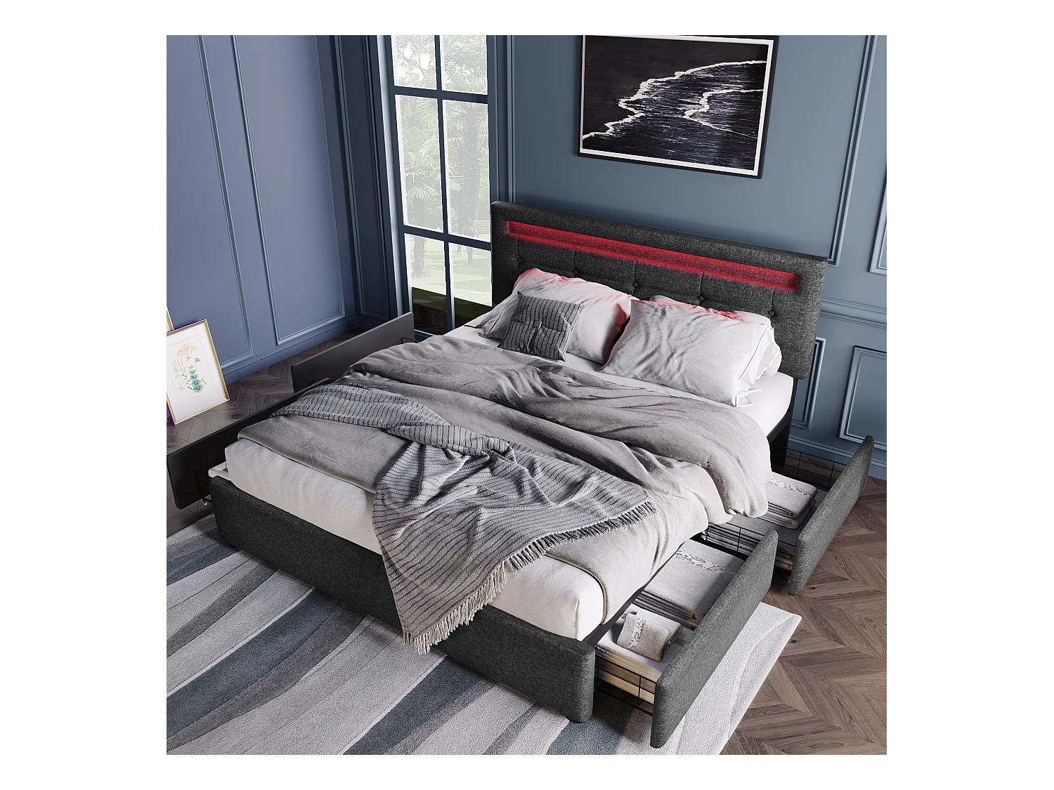 Lit double 140x200 cm en gris avec éclairage LED et 4 tiroirs de rangement, tête de lit réglable