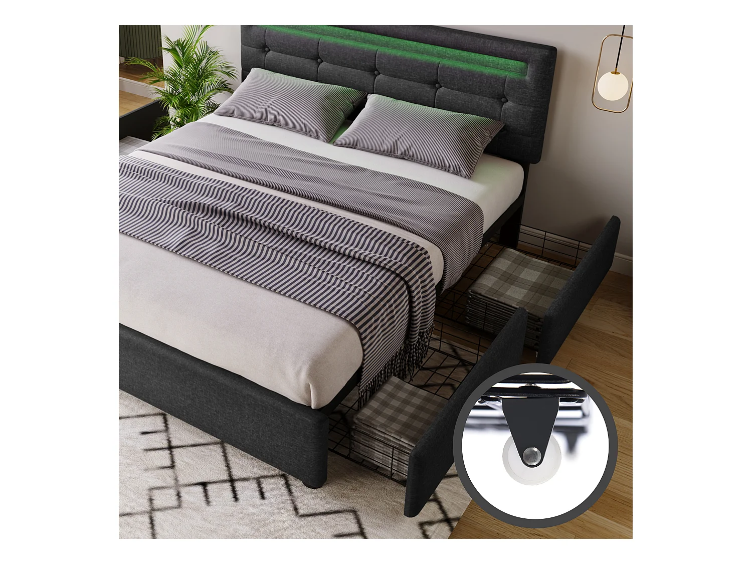 Lit double 140x200 cm en gris avec éclairage LED et 4 tiroirs de rangement, tête de lit réglable