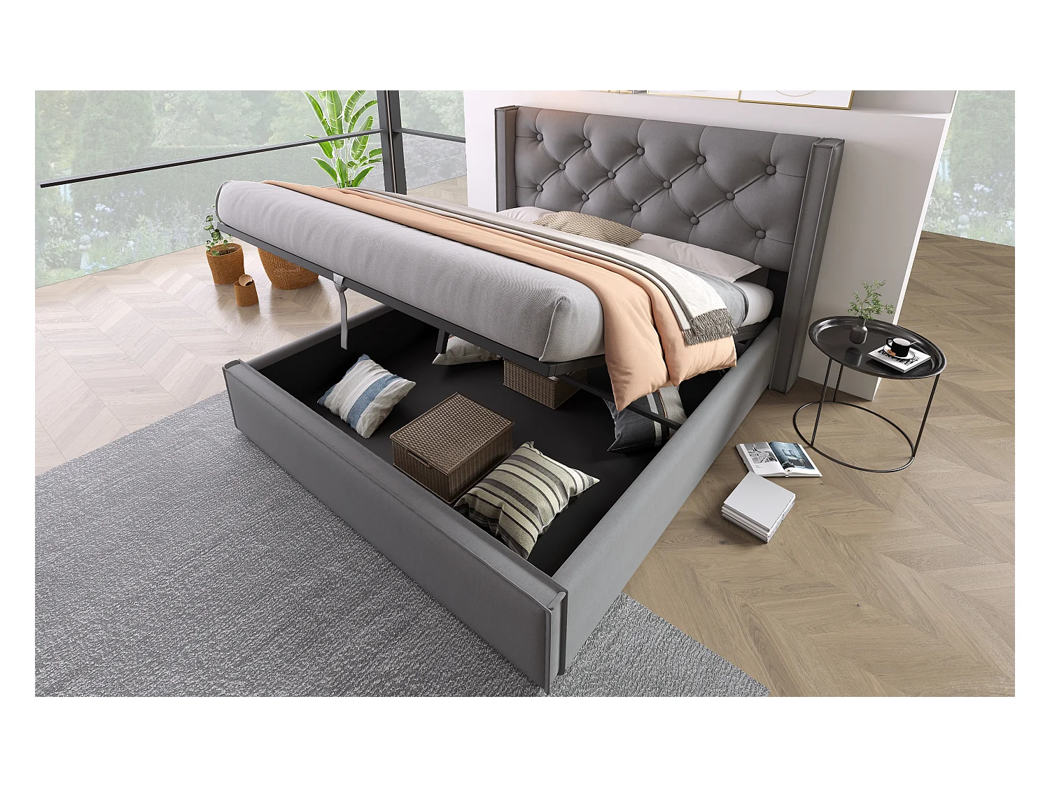 Lit double hydraulique 160x200 cm, avec sommier en métal, design moderne et espace de rangement, gris