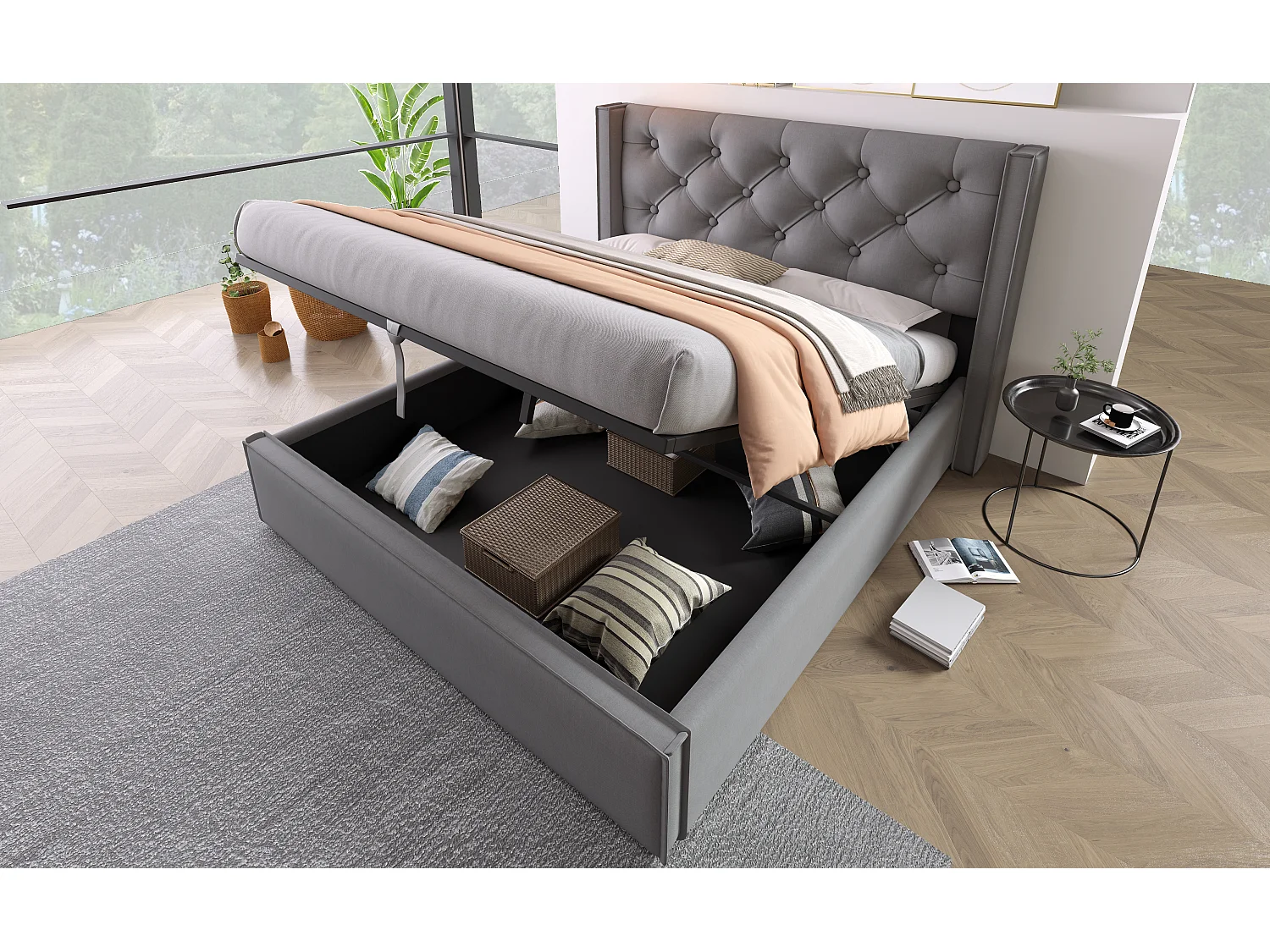 Lit double hydraulique 160x200 cm, avec sommier en métal, design moderne et espace de rangement, gris