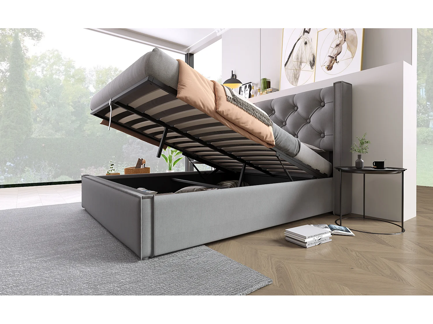 Lit double hydraulique 160x200 cm, avec sommier en métal, design moderne et espace de rangement, gris