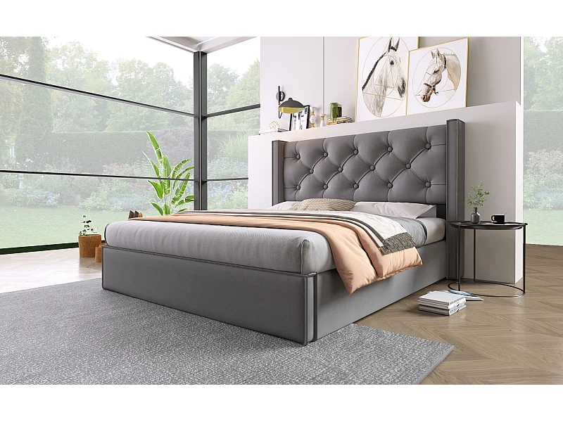 Lit double hydraulique 160x200 cm, avec sommier en métal, design moderne et espace de rangement, gris
